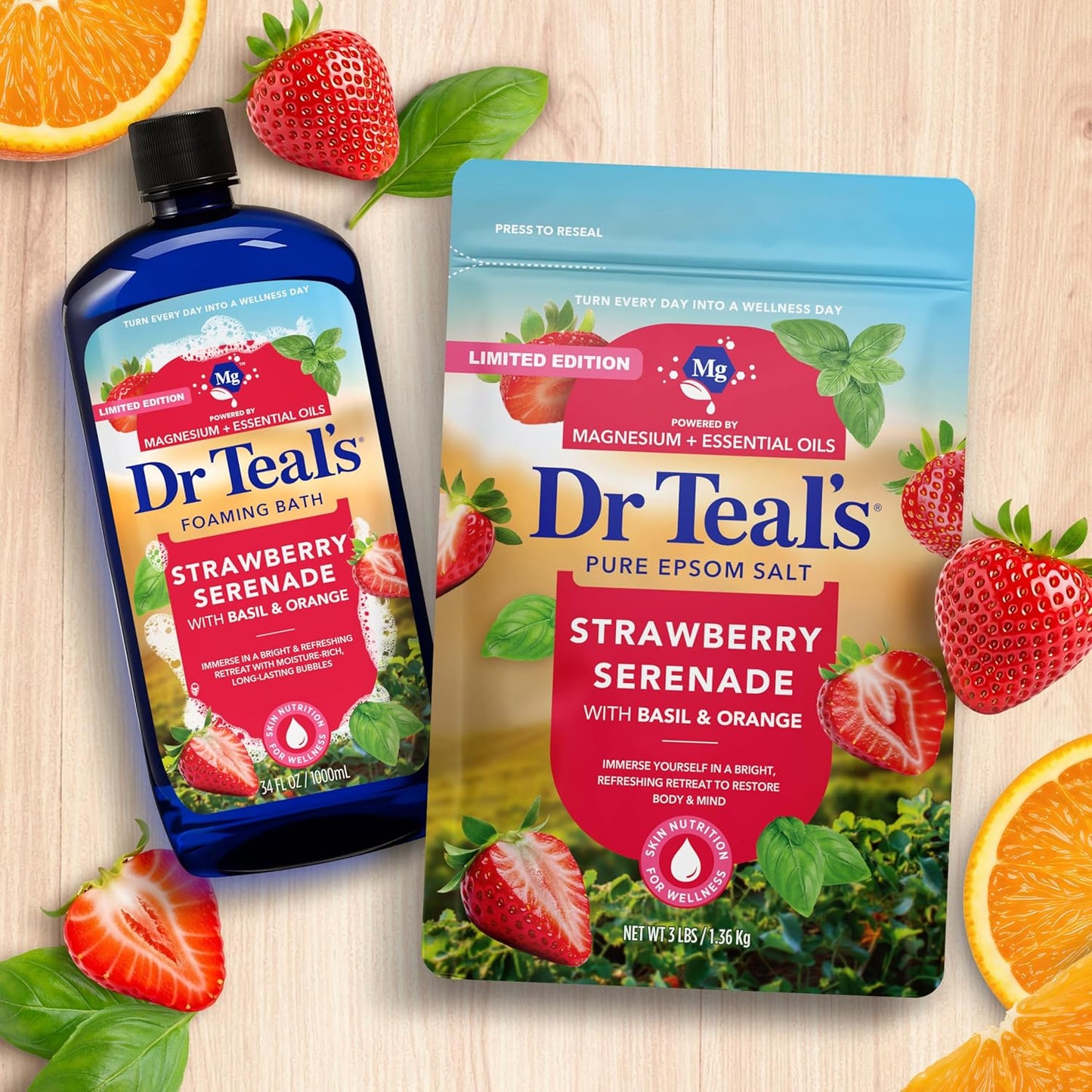 Dr Teal's Epsom Salt Magnesium Soak, Strawberry Serenade with Basil & Orange, 3 lbs