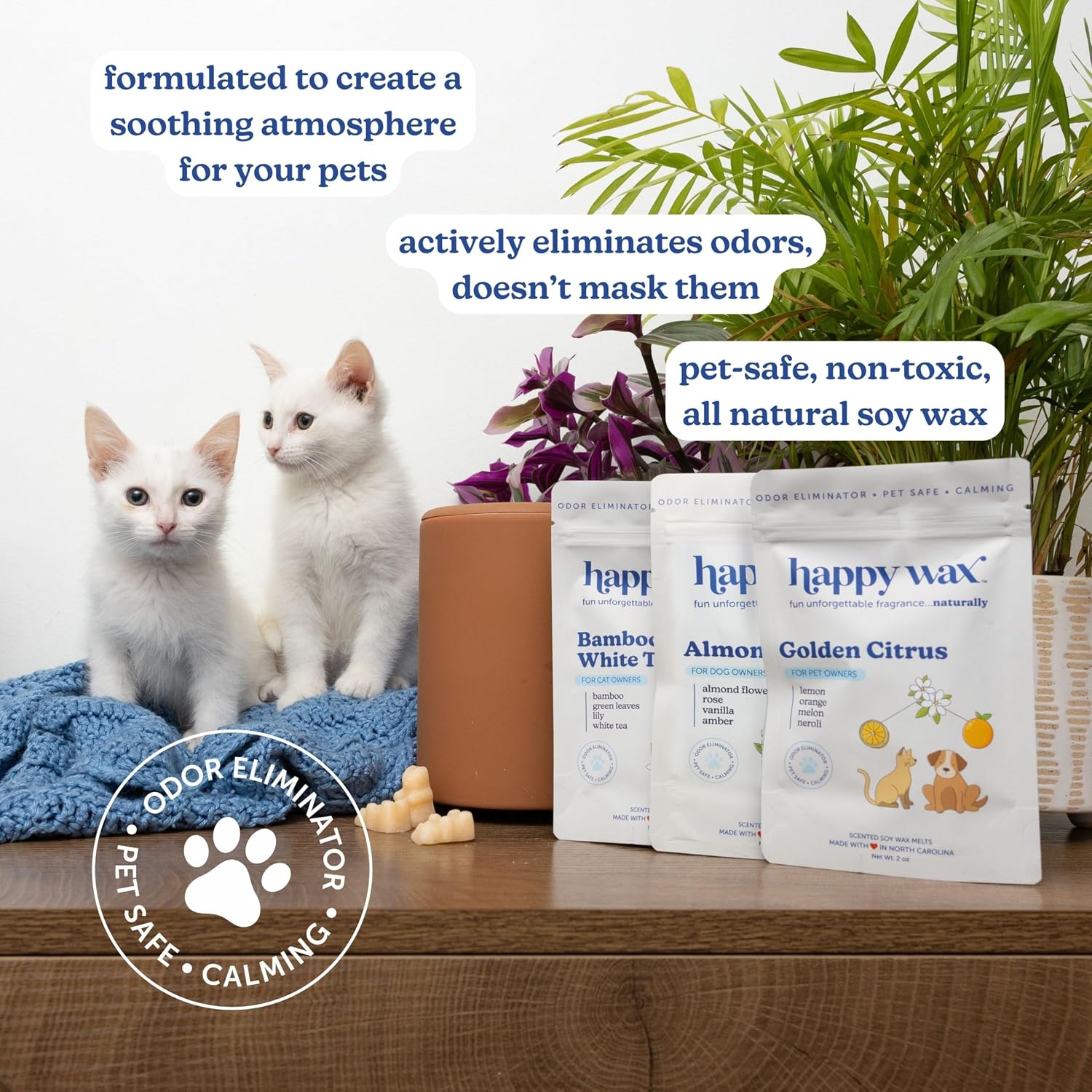Happy Wax Pet Scents Collection: Pet Safe, Odor Eliminating, Non-Toxic Scented Soy Wax Melts – Total 6oz Variety Pack: Bamboo & White Tea, Golden Citrus, and Almond Blossom