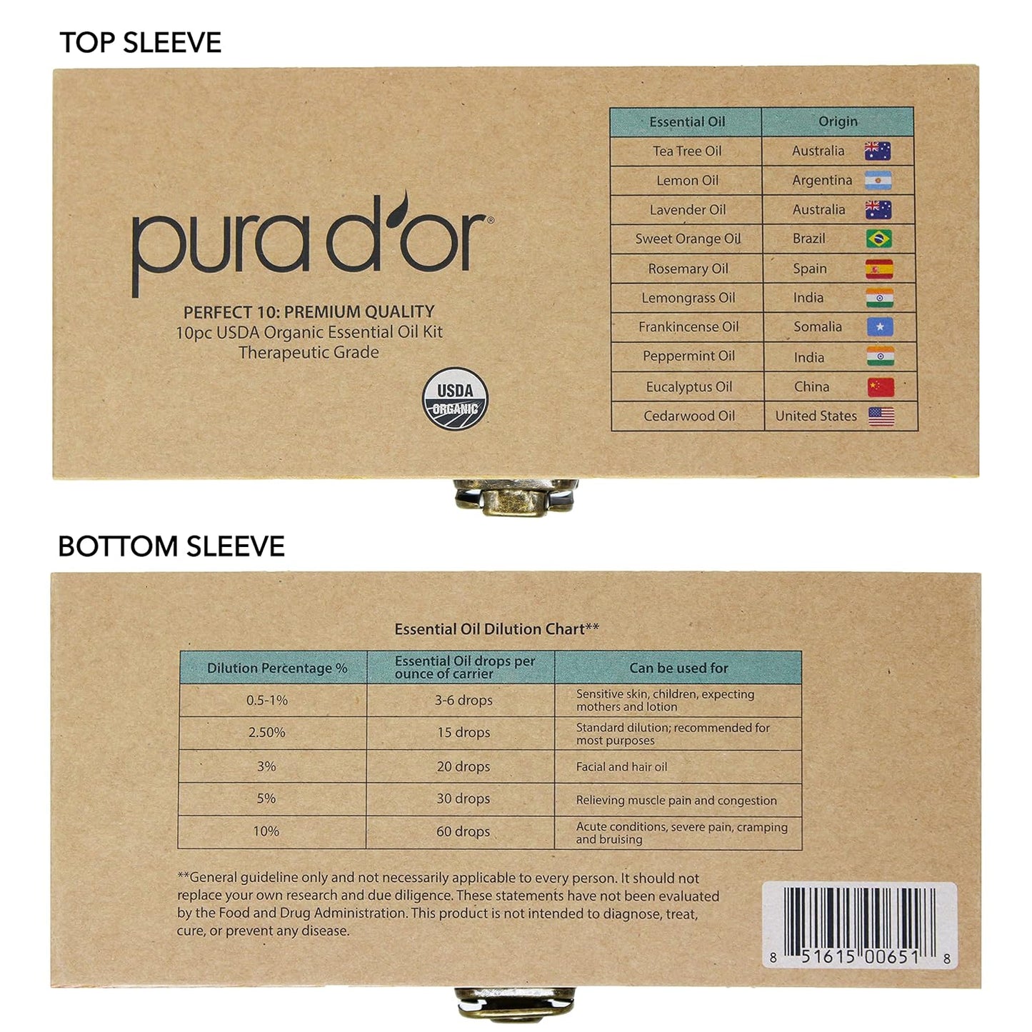 PURA D'OR Organic Perfect10 Essential Oils Set - 10x 10mL Wood Box Aromatherapy Gift Set - 100% Pure Therapeutic Grade for Relaxation and Wellness (Lavender, Peppermint, Eucalyptus, Tea Tree & More)