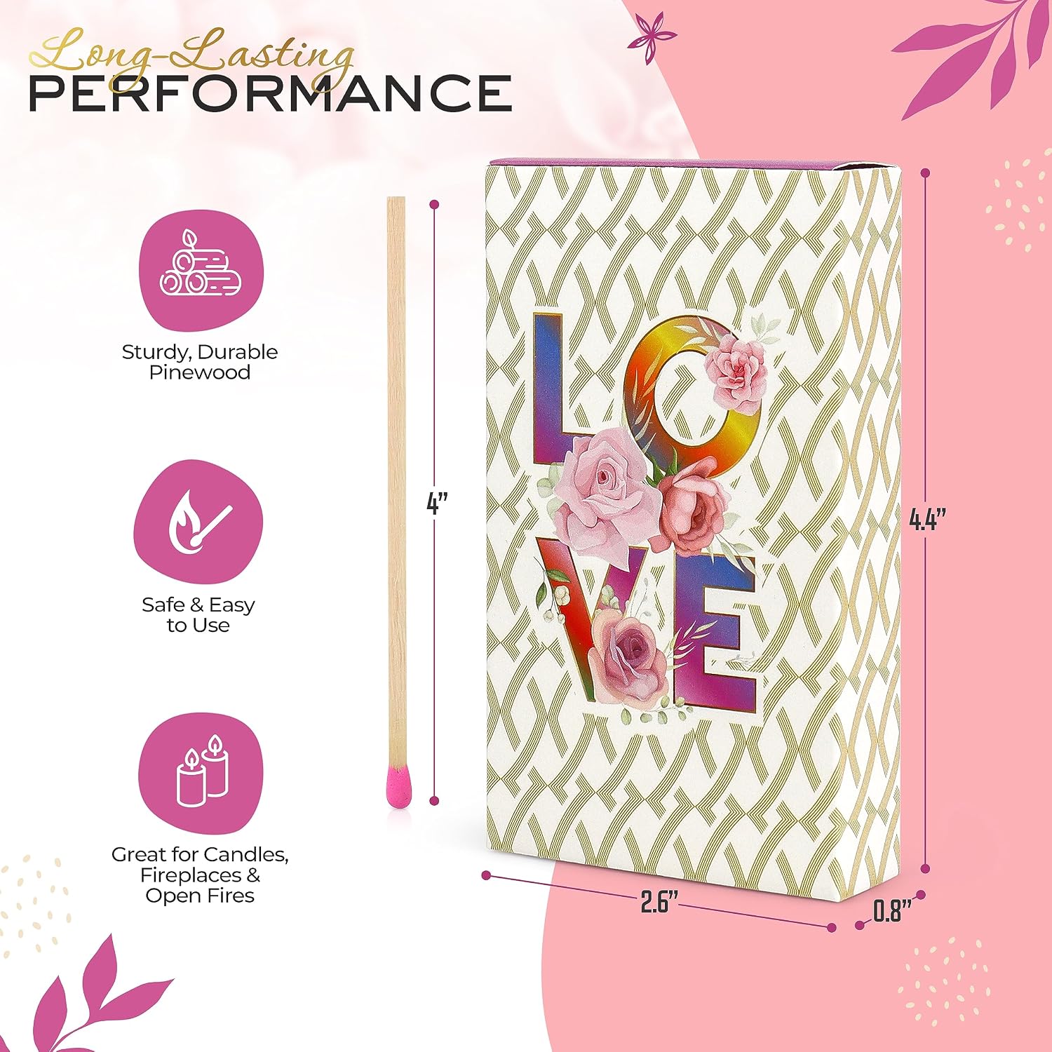 Love Design Matches Box Contains 50 Wooden Matchsticks 4" Length