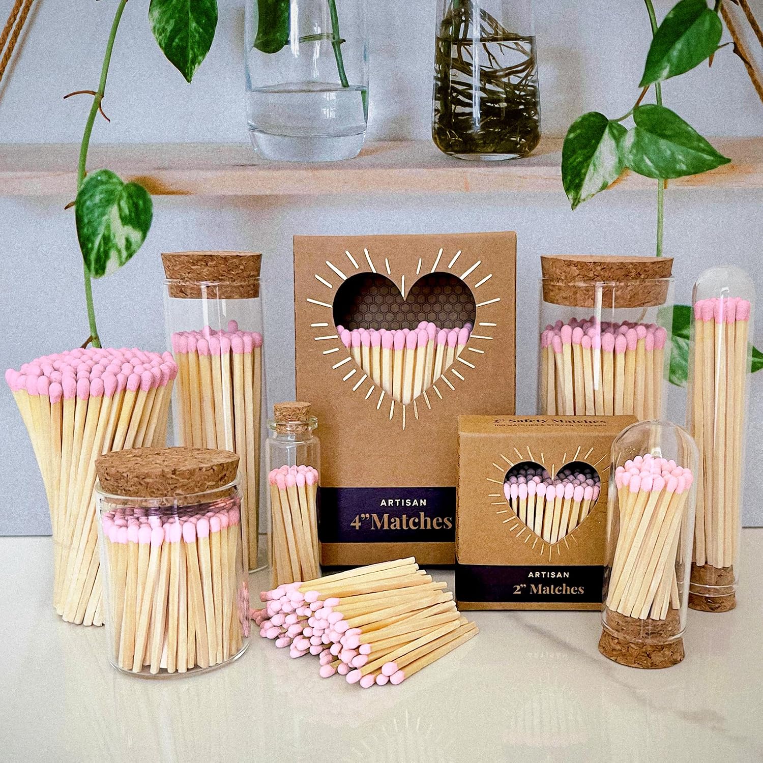 Decorative Matches in a Glass Jar | 4" Light Pink Long Matches (100 Match Sticks) + Cork Top Glass Holder + Striker Stickers | Gifts, Décor, & Candle Accessories | by Thankful Greetings, USA