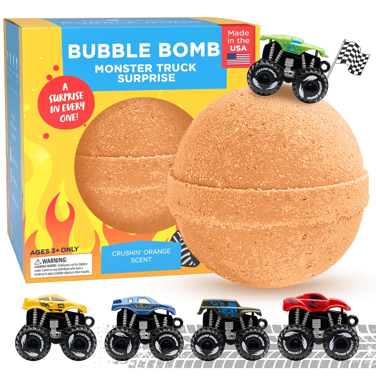Monster Truck Bath Bomb for Kids with Surprise Monster Truck Toys Inside (1 Pack) – Large 9 Oz Bath Bombs for Boys – Orange Scent, Skin-Safe, USA Made - Children Gift with Car Bath Toys by Two Sisters