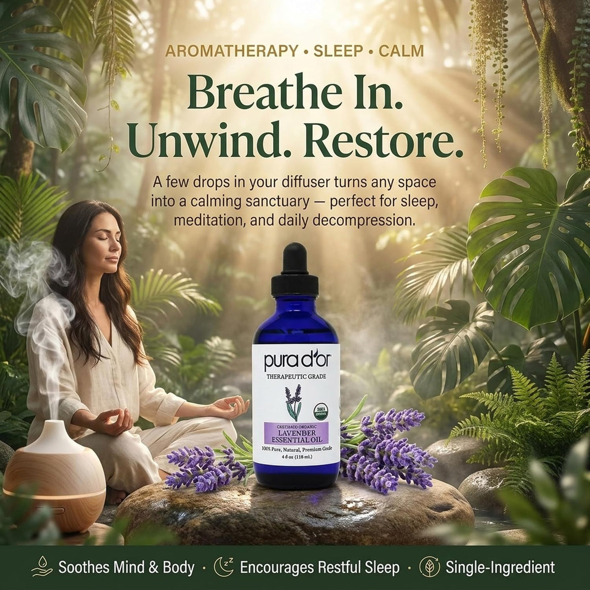 PURA D'OR Organic Lavender Essential Oil (4oz with Glass Dropper) 100% Pure & Natural Therapeutic Grade for Hair