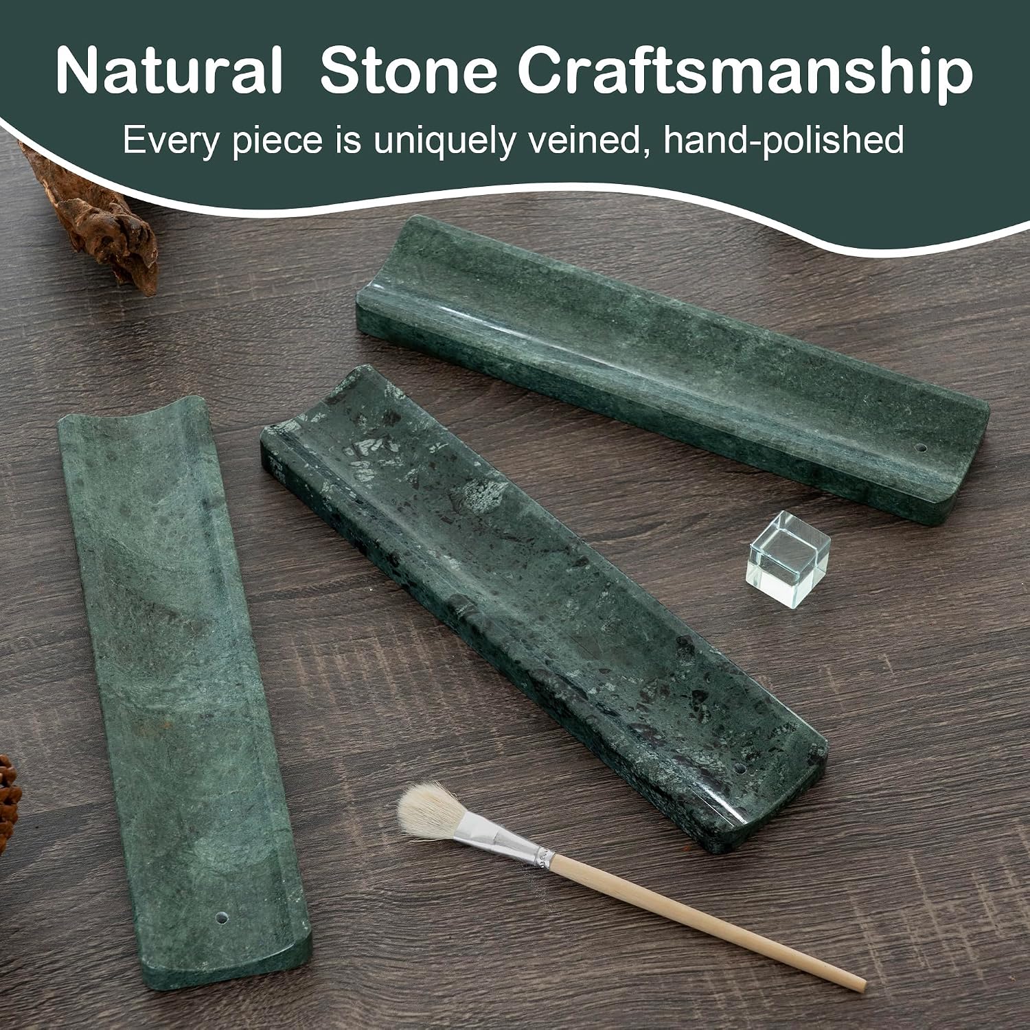 Marble Incense Holder Burner-Natural Stone Stick Incense Tray with Ash Catcher，20 Sticks & Brush - Elegant Decor for Meditation, Yoga, Home,Gift(Green)