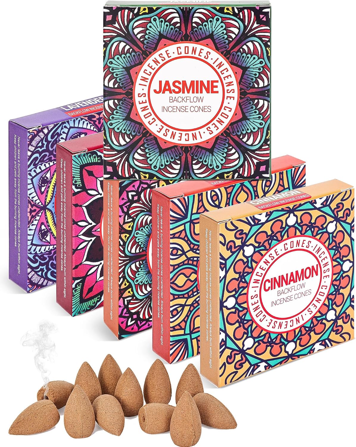 Backflow Incense Cones - Set of 6 Natural Scents - Sandalwood, Lavender, Jasmine, Cinnamon, Rose, Dragons Blood for Purification, Relaxation, Yoga, Meditation