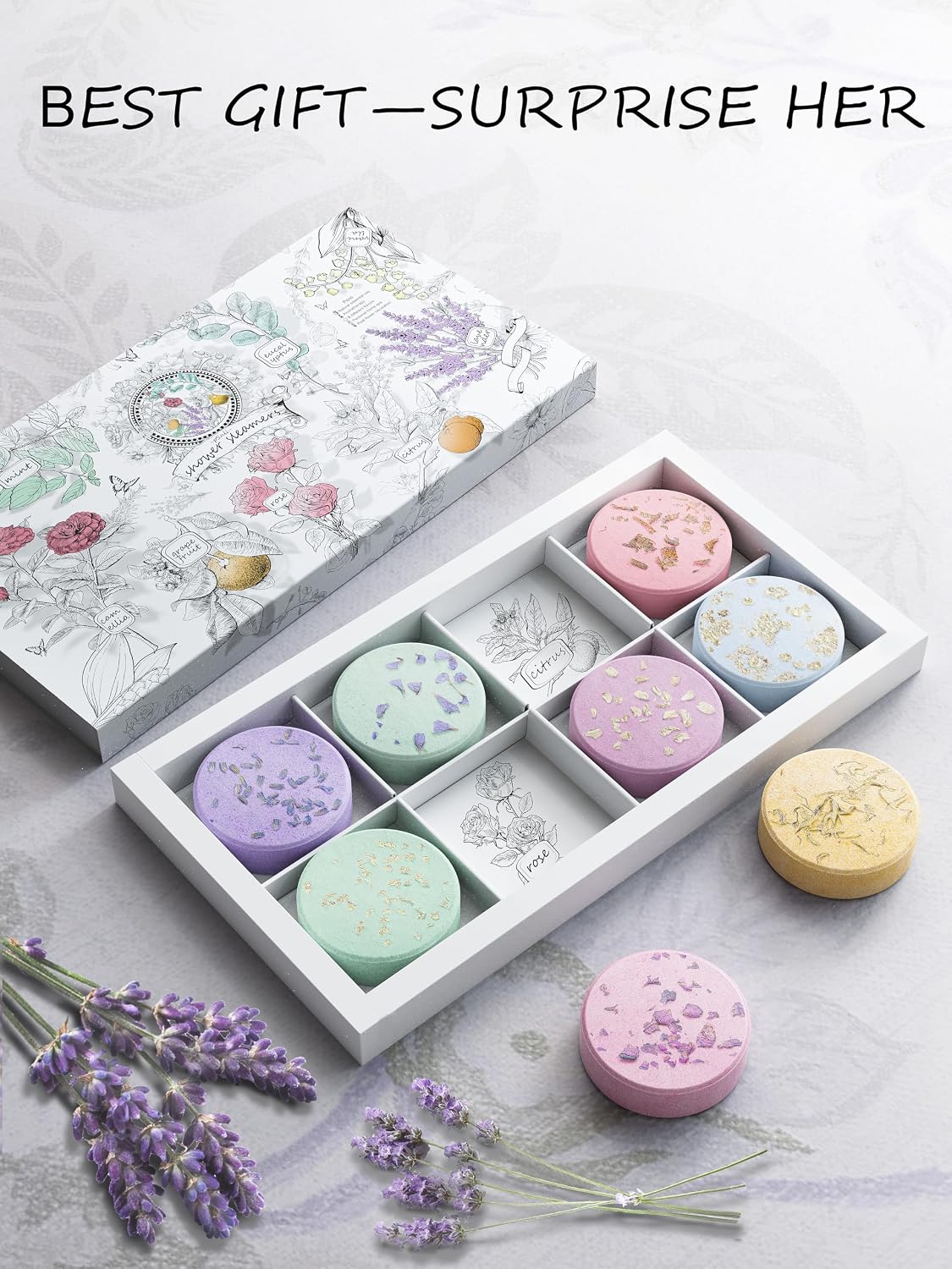 Shower Steamers Aromatherapy Stocking Stuffers 8 Scents, Christmas Gifts for Women Elegant Packaging Birthdays Gifts for Mom, Natural Essential Oil Home Spa Self Care & Relaxing Lavender