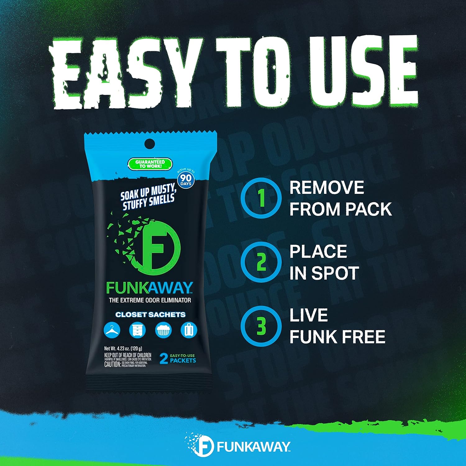 FunkAway Extreme Odor Eliminating Closet Sachet, Odor Absorbing Packet Ideal for Closets, Drawers, Hampers, Attics and Storage Spaces, Fresh Smell for Up to 90 Days