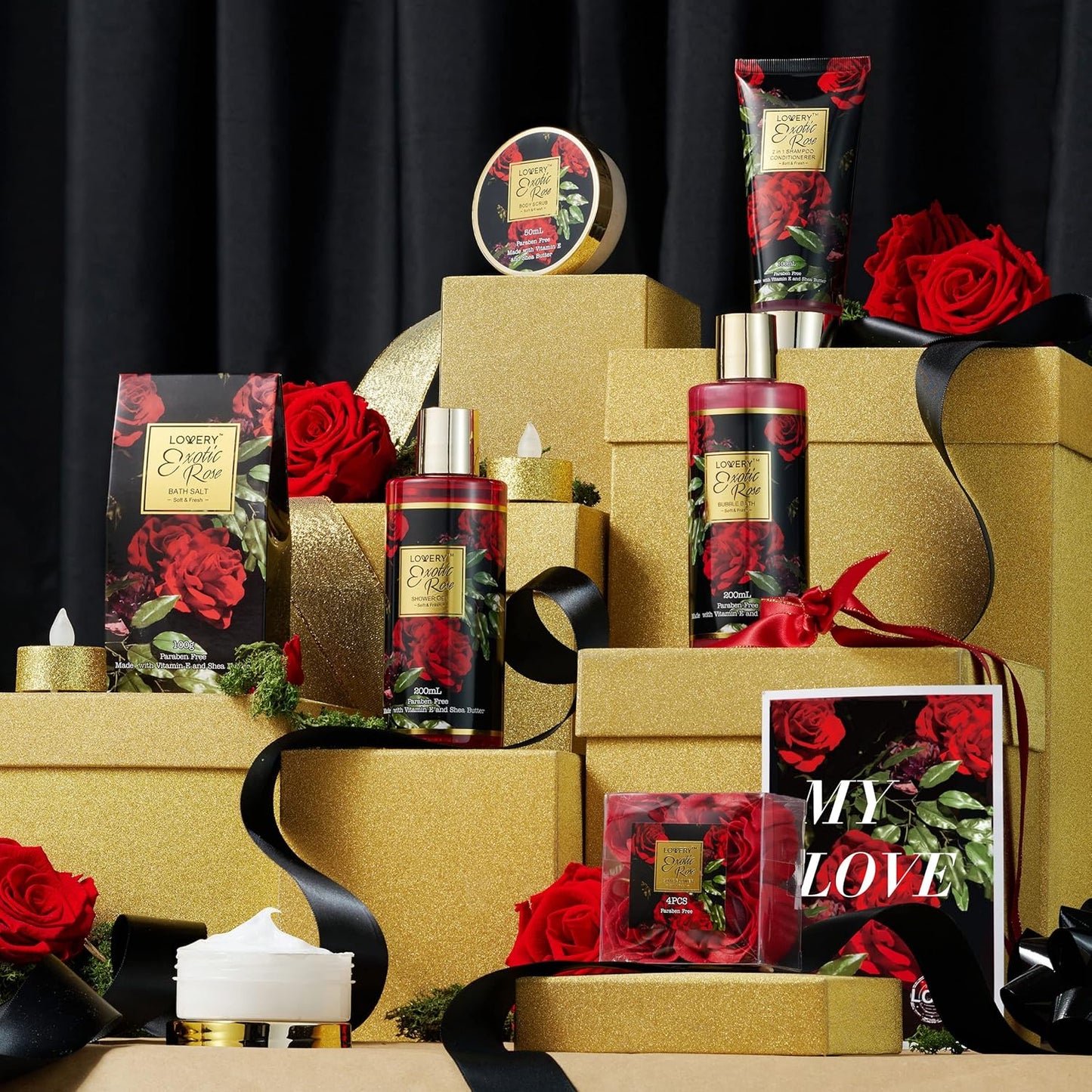 Mothers Day Gifts from Daughter and Son, Spa Bath and Body Gift Set, Exotic Rose Gift Basket for Women & Men, Thank You, Birthday, Mom, Personalized Gifts with Body Scrub, Bubble Bath, Lotion & More