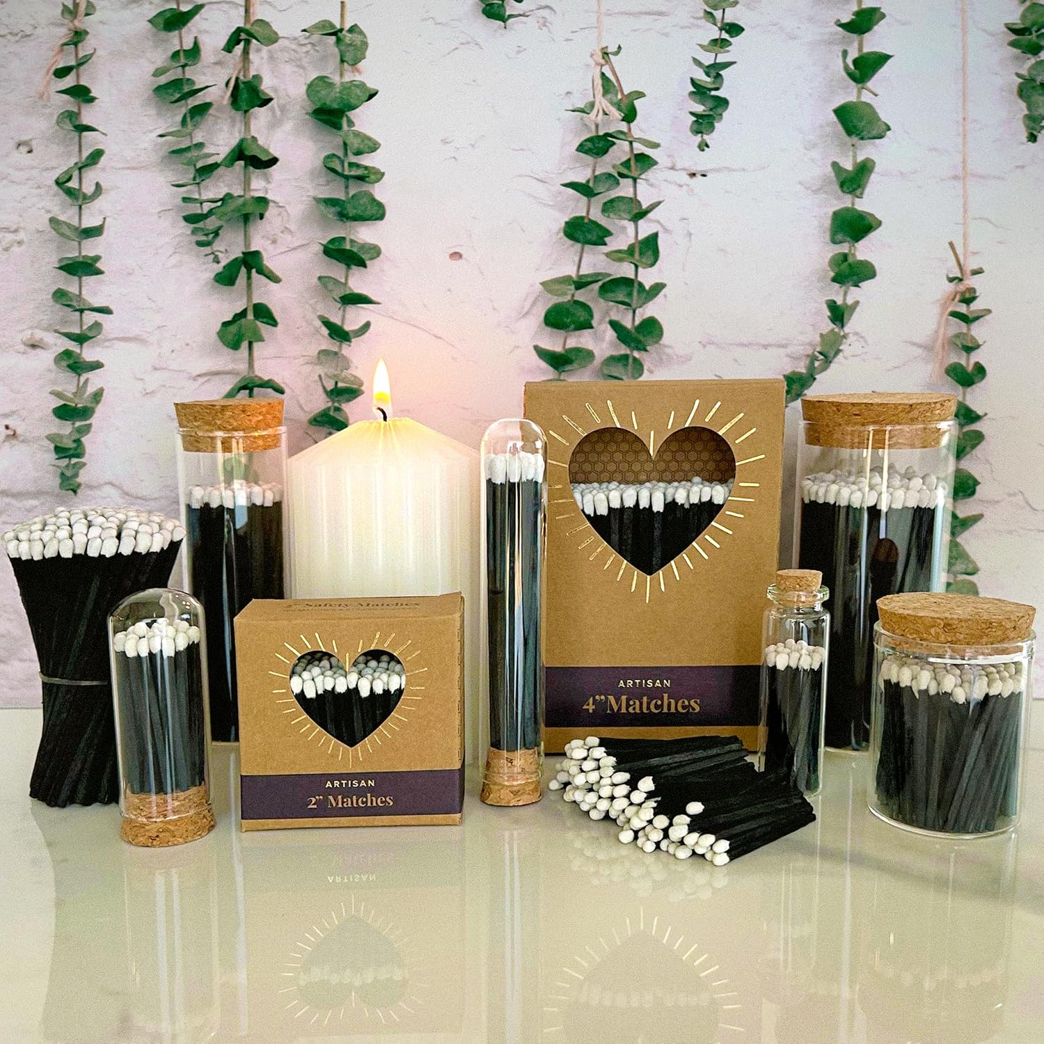 2" Tuxedo Matches with Mini 3 Cloche Jar + Striker Stickers Included | 100 Black Stick White Tip Decorative Matches with Small Holder | Gifts, Home Decor, & Candle Accessories by Thankful Greetings