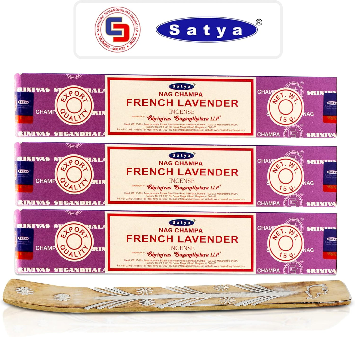 Satya French Lavender Incense Sticks, Satya sai Baba Insenses 15gmx3 (45 gm) Pack with Raajsee Incense Holder Bundle, Satya Nag Champa Natural Incense