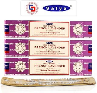 Satya French Lavender Incense Sticks, Satya sai Baba Insenses 15gmx3 (45 gm) Pack with Raajsee Incense Holder Bundle, Satya Nag Champa Natural Incense