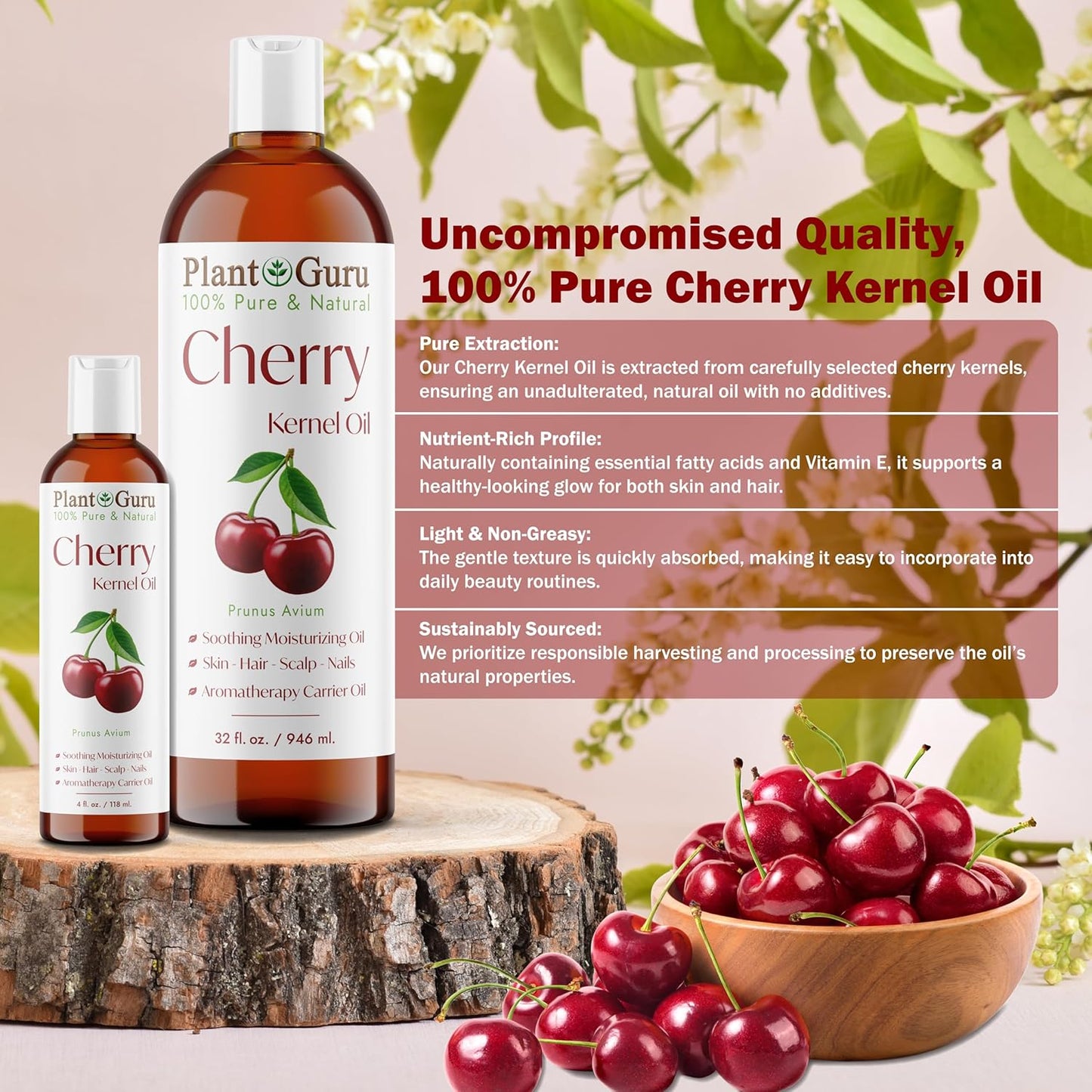 Plant Guru Cherry Kernel Oil 4 fl. oz. Cold Pressed 100% Pure & Natural Carrier – Skin, Face, Body & Hair Growth Moisturizer. Great for DIY Creams, Lotions, and Lip Balms.