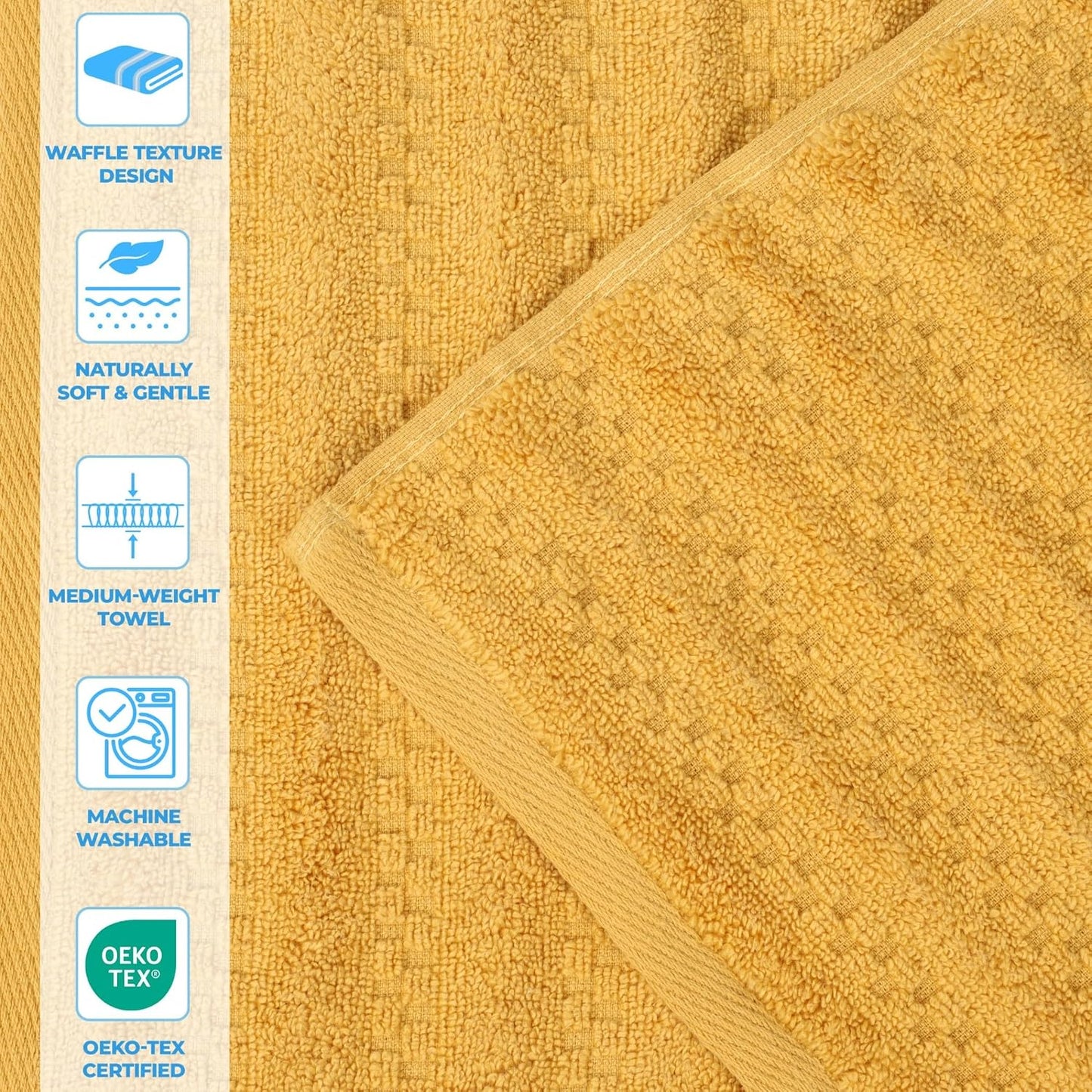 Superior Zuma Zero Twist Cotton Medium Weight Towels, for Guest Bath, Bathroom, Shower, Spa, Plush Towels, Bath Essentials, Waffle Textured Stripes, 3 Piece Assorted Towel Set, Gold