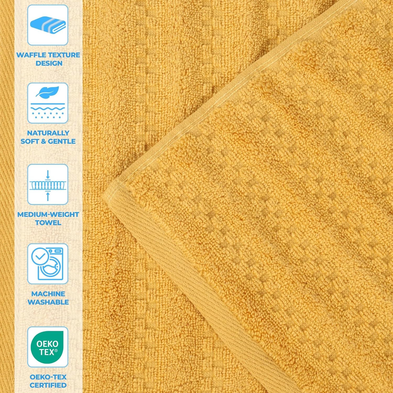 Superior Zuma Zero Twist Cotton Medium Weight Towels, for Guest Bath, Bathroom, Shower, Spa, Plush Towels, Bath Essentials, Waffle Textured Stripes, 3 Piece Assorted Towel Set, Gold