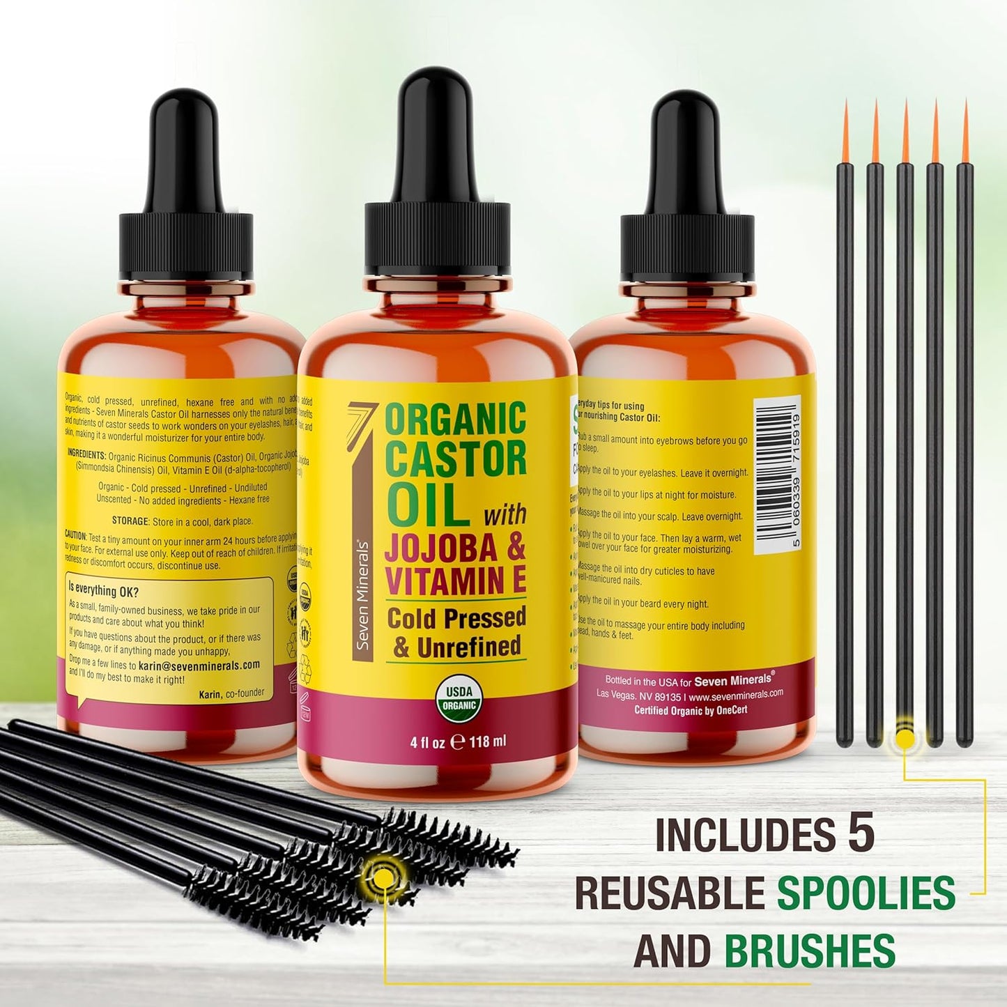 Seven Minerals Organic Castor Oil with Jojoba & Vitamin E for Eyelashes, Eyebrows, Face & Hair Growth - Glass Bottle, Cold Pressed & Hexane Free - Hydrates & Boosts Natural Hair Growth - 4 fl oz