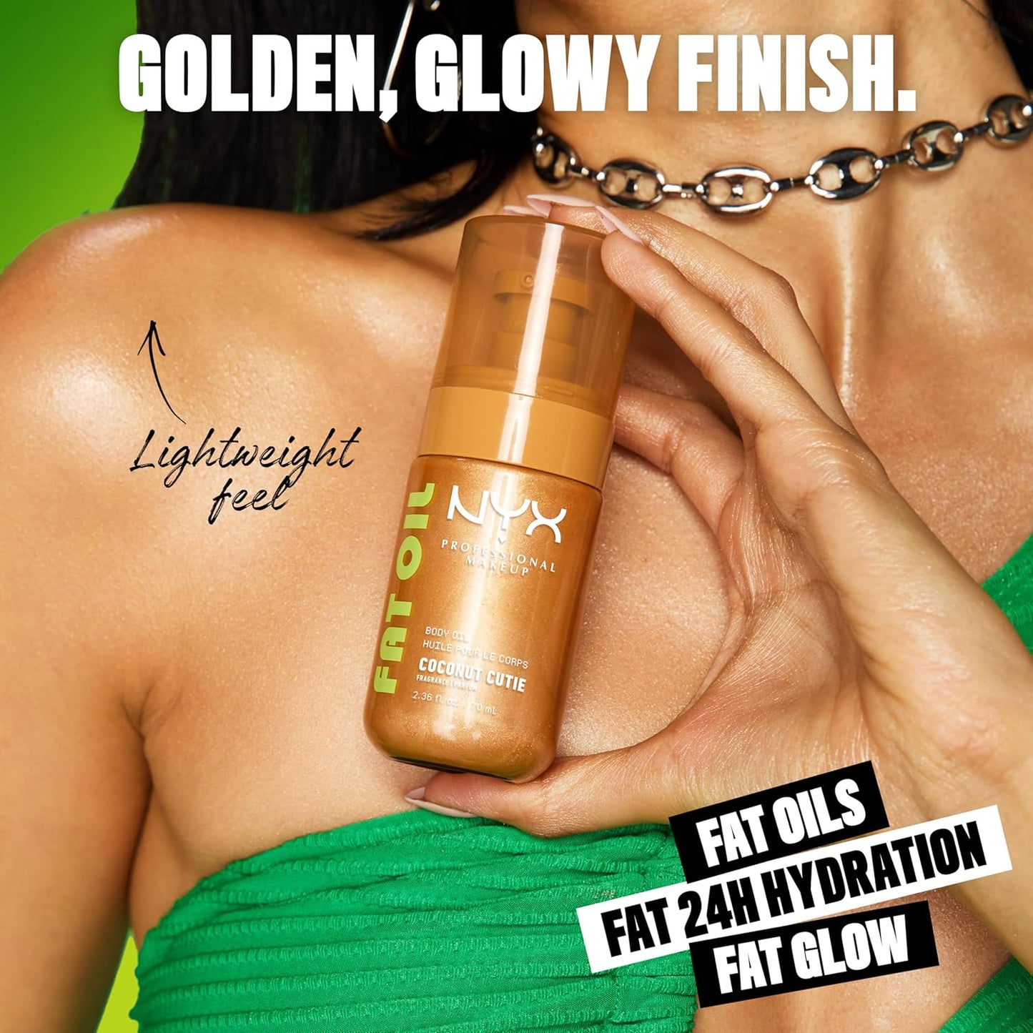 NYX PROFESSIONAL MAKEUP Fat Oil Body Oil in Coconut Cutie, Coconut Scented Body Glow Moisturizer With Vitamin E for 24HR Hydration and Glowing Skin, Golden Finish, Vegan & Cruelty-Free