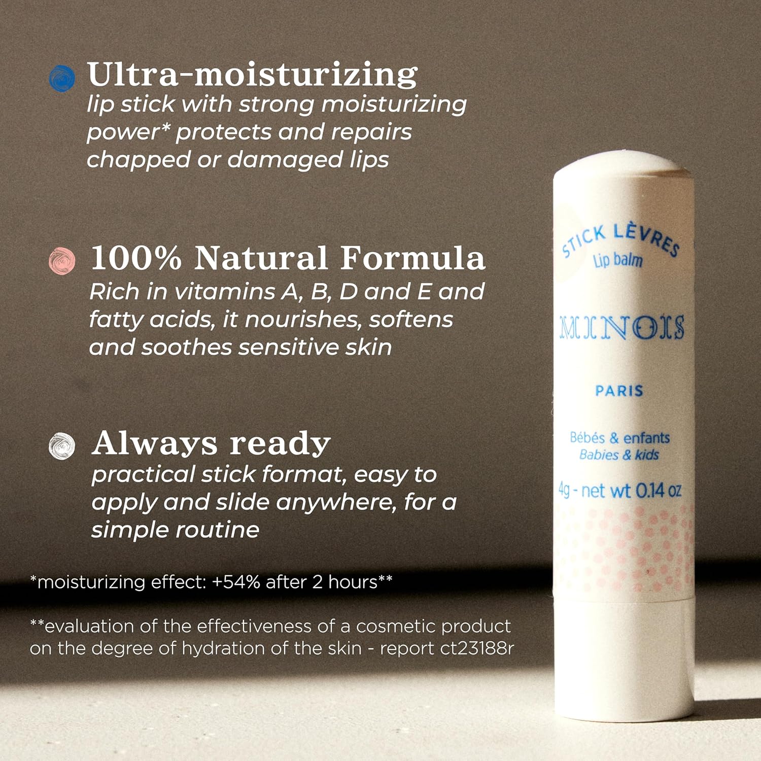 Minois Paris Baby & Kids Lip Balm - 100% Natural Organic Moisturizing Lip Care, Kids Chapstick With Sweet Almond Oil and Rice Wax, Non-Toxic Lip Treatment for Dry Chapped Lips, Made in France 4g