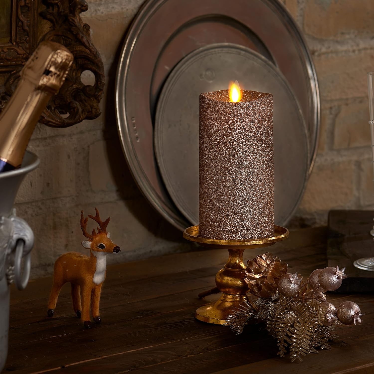 Luminara Realistic Artificial Flame Gold Glitter Pillar Candle - Moving Flame LED Battery Operated Lights - Unscented - Remote Ready - Remote Sold Separately - 3" x 6.5"