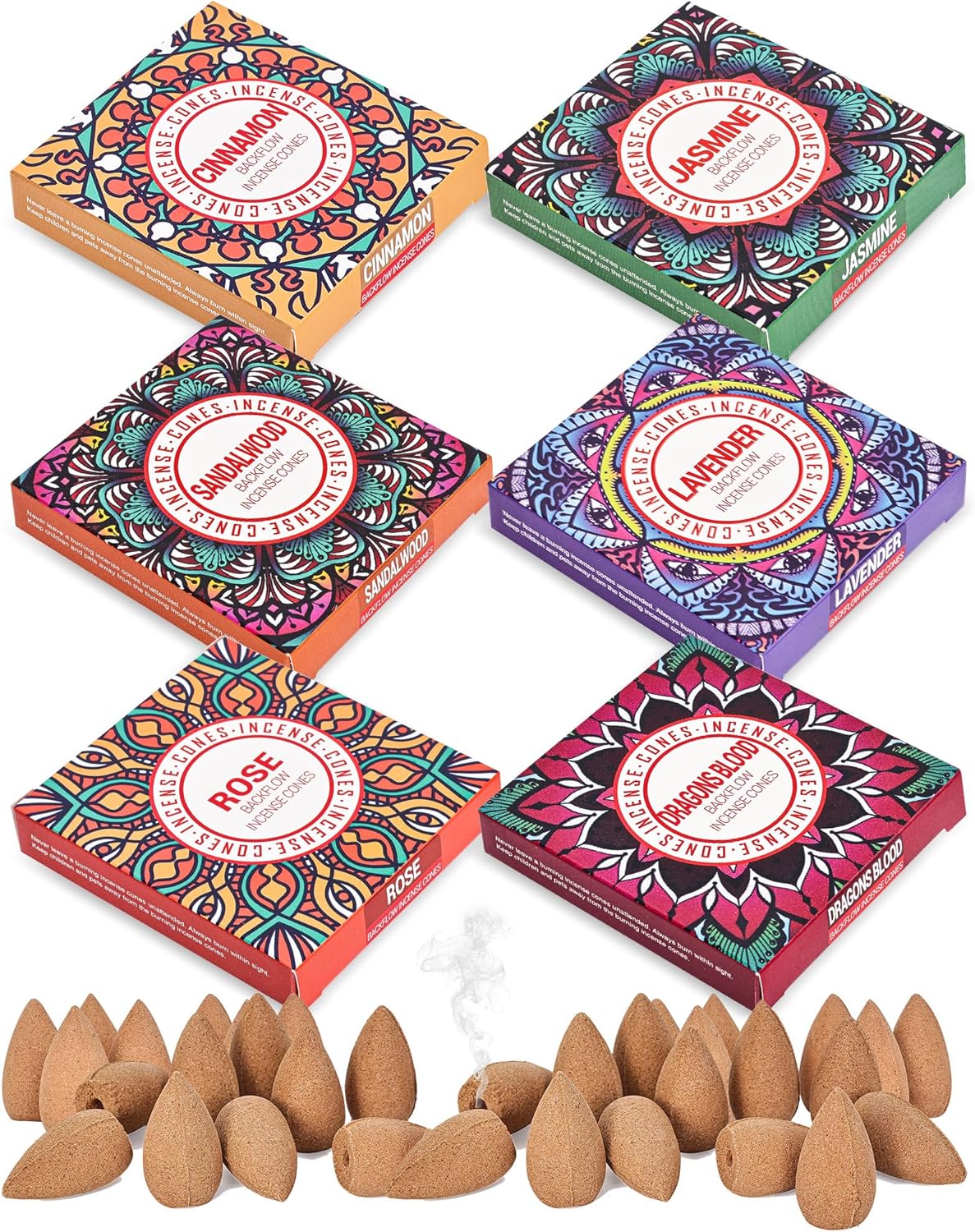Backflow Incense Cones - Set of 6 Natural Scents - Sandalwood, Lavender, Jasmine, Cinnamon, Rose, Dragons Blood for Purification, Relaxation, Yoga, Meditation