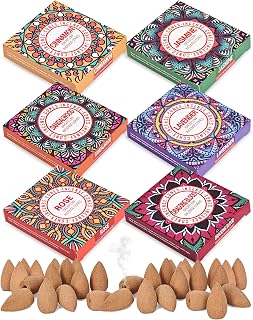 Backflow Incense Cones - Set of 6 Natural Scents - Sandalwood, Lavender, Jasmine, Cinnamon, Rose, Dragons Blood for Purification, Relaxation, Yoga, Meditation