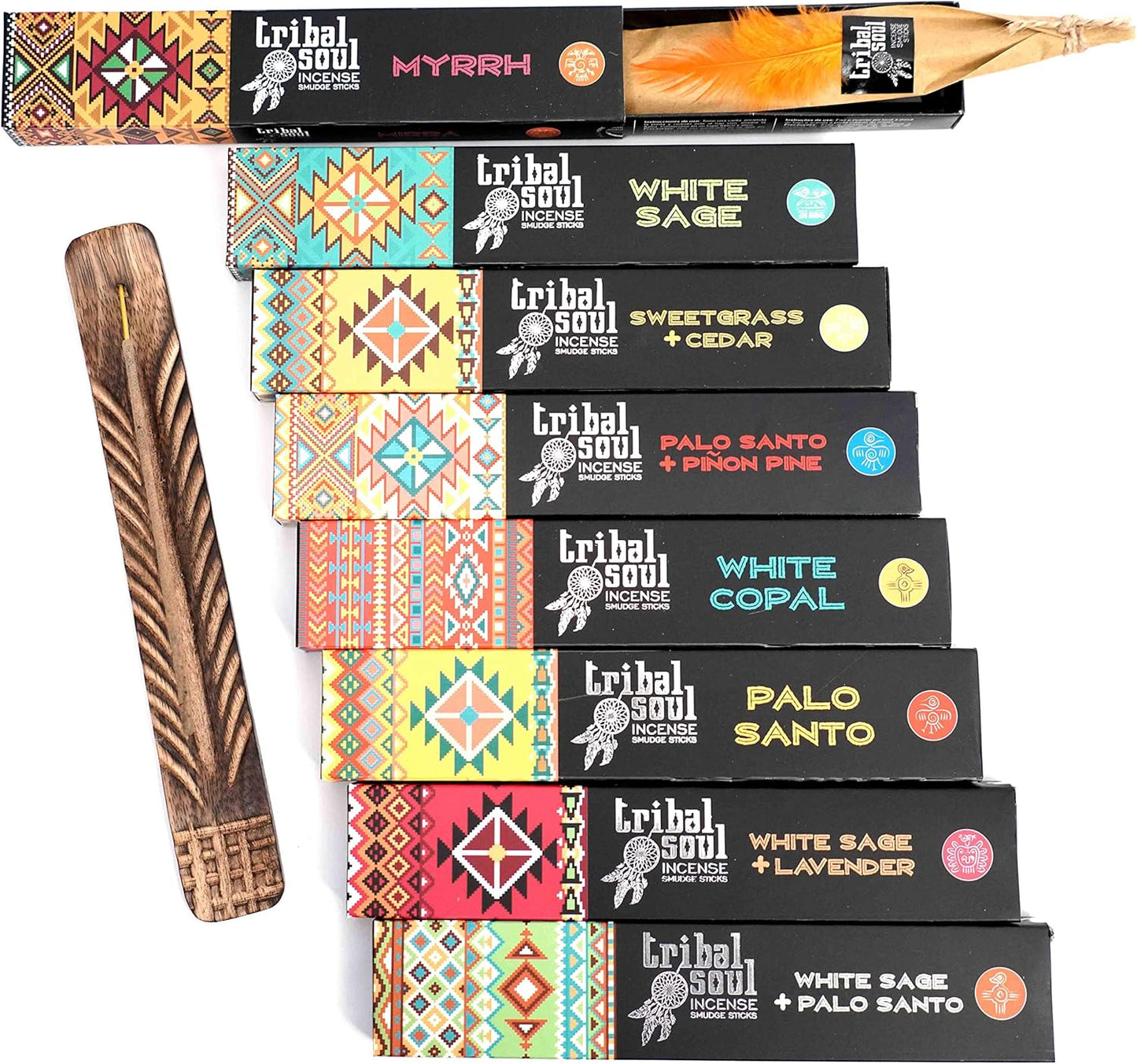 Tribal Soul INTB(8) Incense Smudge Sticks, Assorted Gift Set Includes 8 Fragrances (15g, Each), Exotic Mango Wood Hand Carved Feather Incense Burner Included