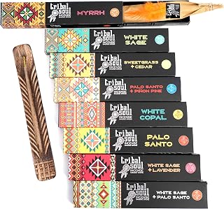 Tribal Soul INTB(8) Incense Smudge Sticks, Assorted Gift Set Includes 8 Fragrances (15g, Each), Exotic Mango Wood Hand Carved Feather Incense Burner Included