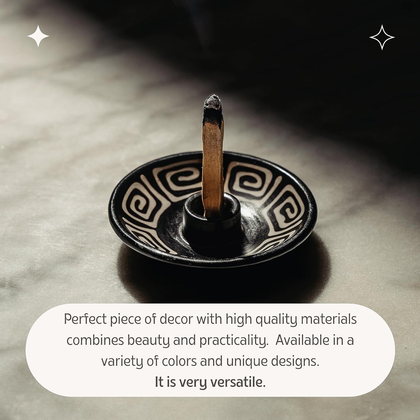 Palo Santo Holder with 5 Sticks - Luna Sundara Handmade Ceramic Incense Burner - Black & White Maze Chulucanas Pottery from Peru - Smudge Bowl for Sage - Aromatherapy Gift Set