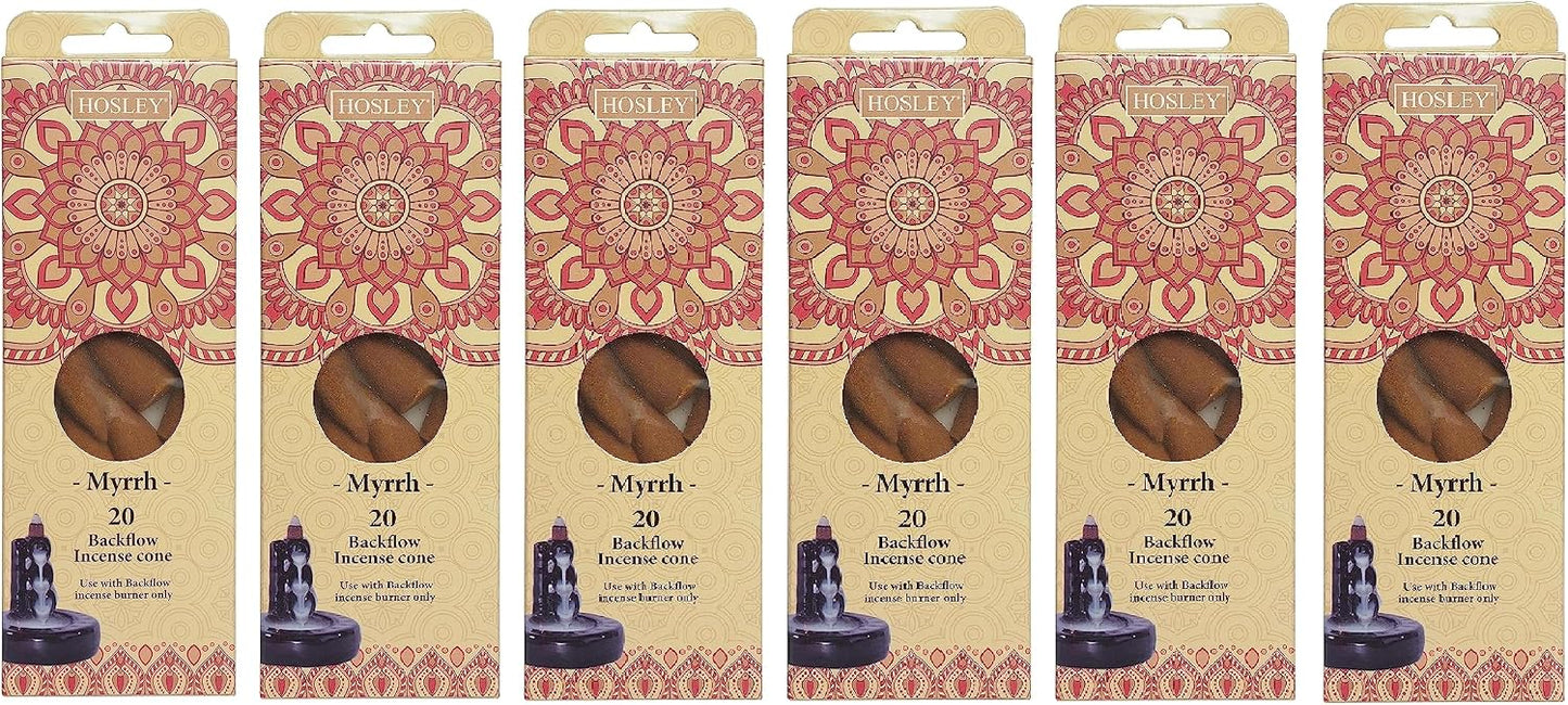 Hosley Myrrh Backflow Brown Incense Cones, Long Lasting Aroma for Positivity & Pure Air, Wood Powder, Aromatherapy for Stress Relief, Air Purifier & Cleansing, Gift Set - Pack of 120 Pcs Cones