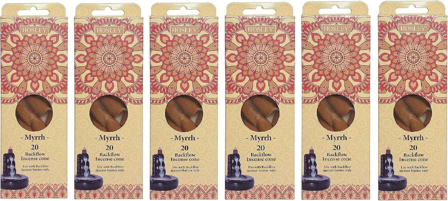 Hosley Myrrh Backflow Brown Incense Cones, Long Lasting Aroma for Positivity & Pure Air, Wood Powder, Aromatherapy for Stress Relief, Air Purifier & Cleansing, Gift Set - Pack of 120 Pcs Cones