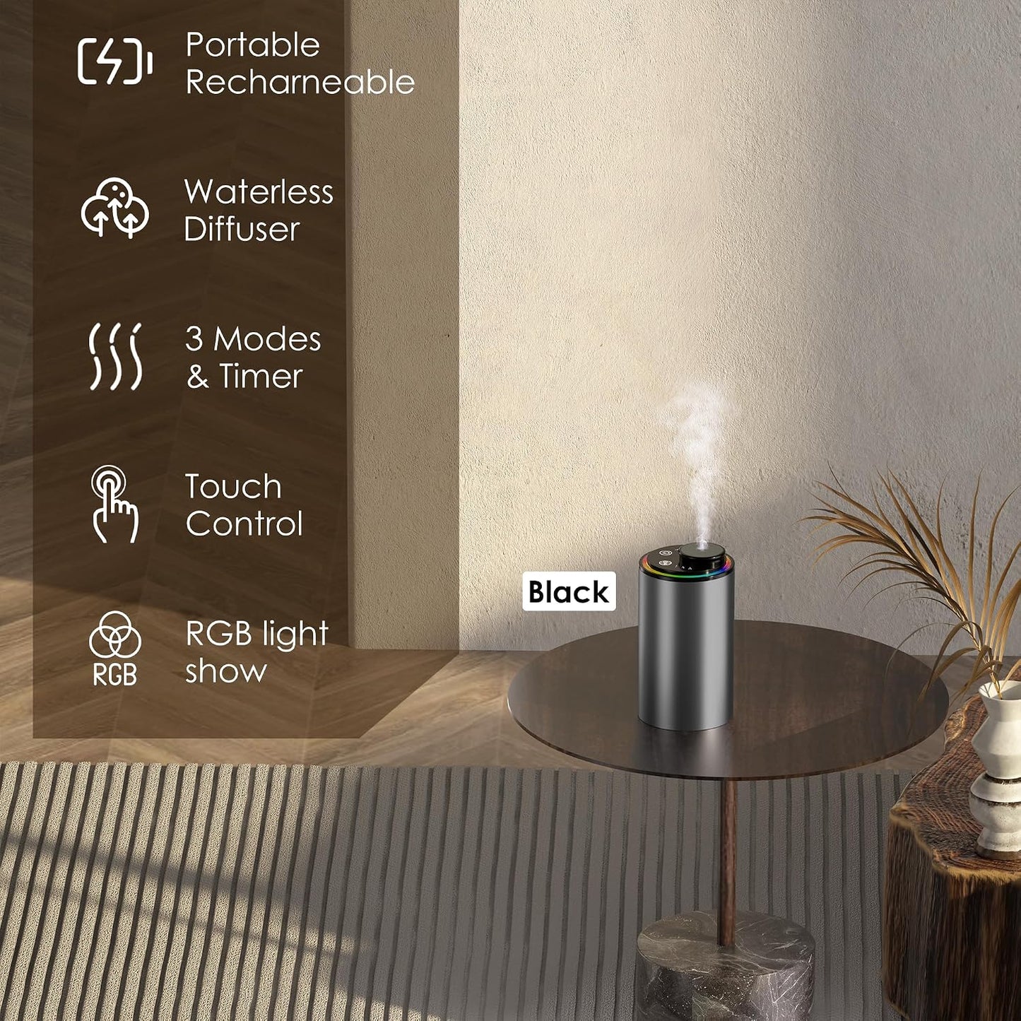 Waterless Essential Oil Diffuser, Portable Aromatherapy Diffuser,3 Countdown Timers & 3 Mist Levels for Home, Room, Car, Office