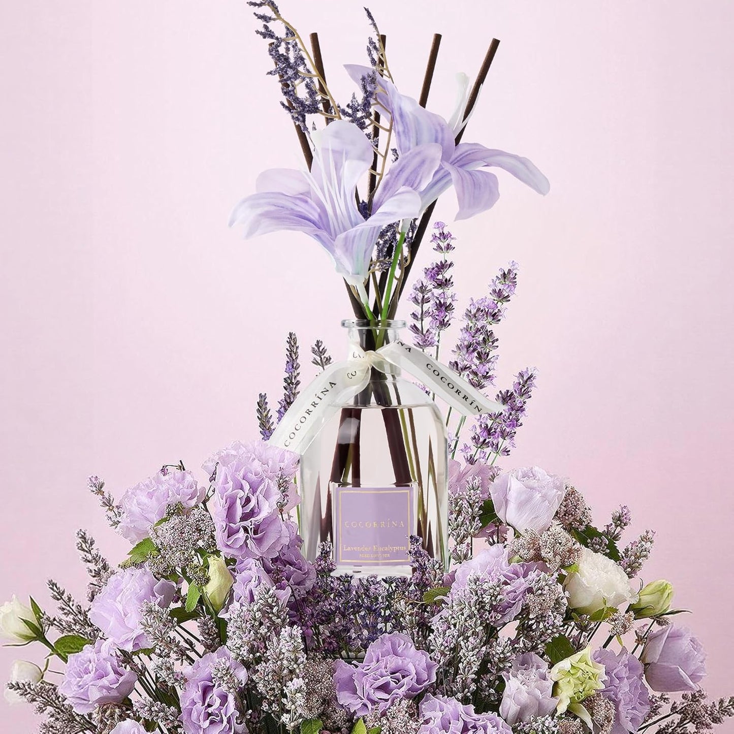 COCORRÍNA Reed Diffuser - Lavender Eucalyptus 8.5 Fl.oz Flower Reed Diffuser with Sticks, Bedroom Bathroom Shelf Decor (Floral Basket Collection)