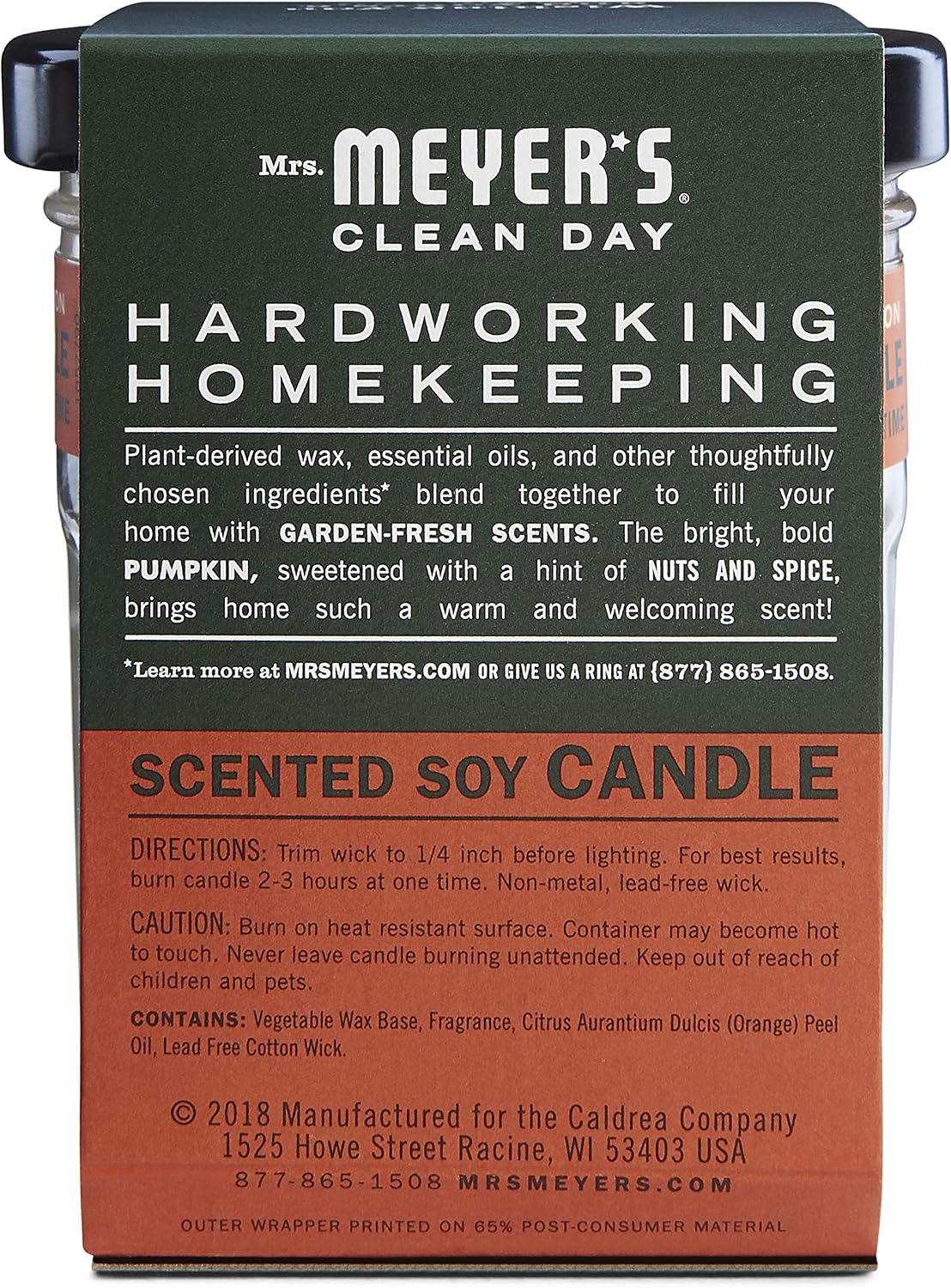 MRS. MEYER'S CLEAN DAY Soy Aromatherapy Candle, 25 Hour Burn Time, Made with Soy Wax and Essential Oils, Pumpkin, 4.9 oz