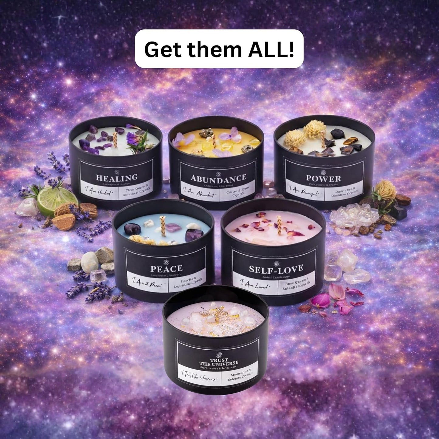 Healing Crystals Candle for Meditation & Room Decor, 8oz, Aromatherapy Candle with Clear Quartz and Amethyst, Eucalyptus & Lavender Essential Oil Scented Candles, Non Toxic Candles for Stress Relief