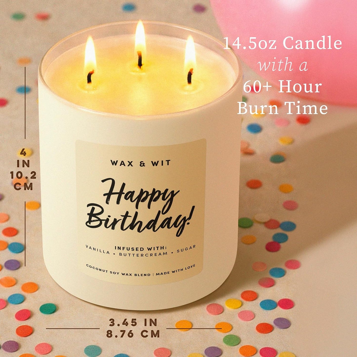 Wax & Wit Happy Birthday Candle for Women – Birthday Cake Scented 3-Wick, Vanilla Buttercream, Large 14.5 oz Coconut Soy Wax, 60+ Hour Burn, Unique Gift for Her, Best Friend