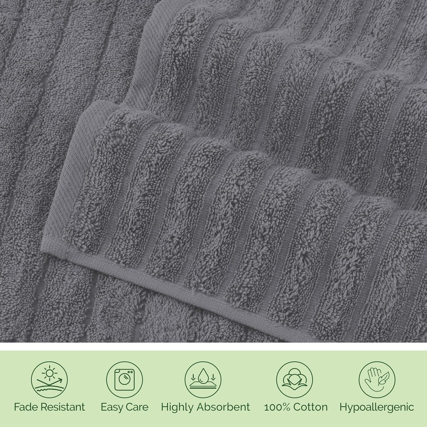 Elegant Comfort Luxury 100% Turkish Cotton Corduroy Ribbed 4 Pack Hand Towel Set 16 x 28 Inch - Absorbent, Super Soft, Quick Dry, Premium Towels for Bathroom, Gym, Spa and Hotel Use, Gray