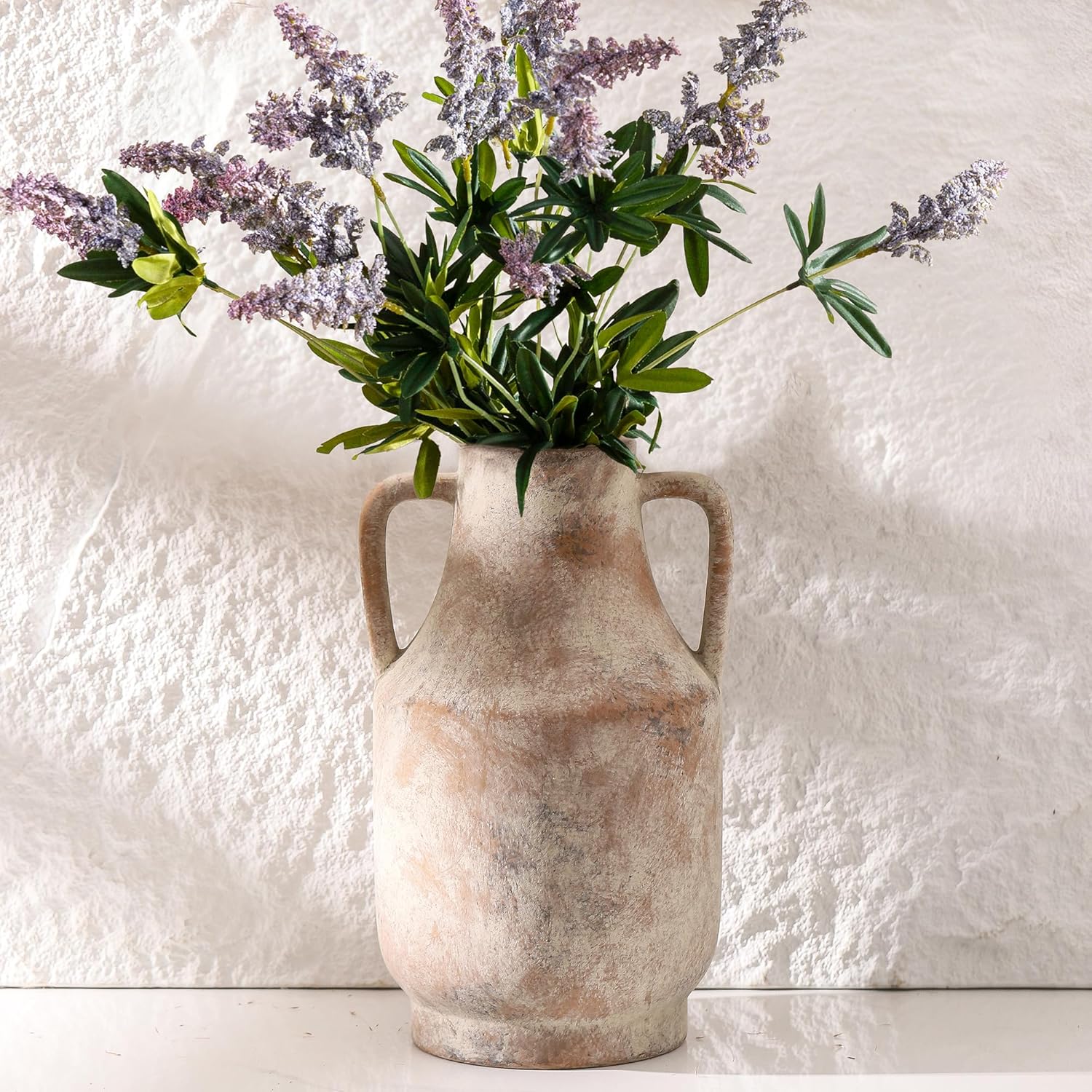 Ceramic Flower Vase with Handles, 11 inch Tall Vase for Centerpieces, Large Decorative Terracotta Vases, Farmhouse Rustic Vases for Home Decor, Living Room, Table, Neutral