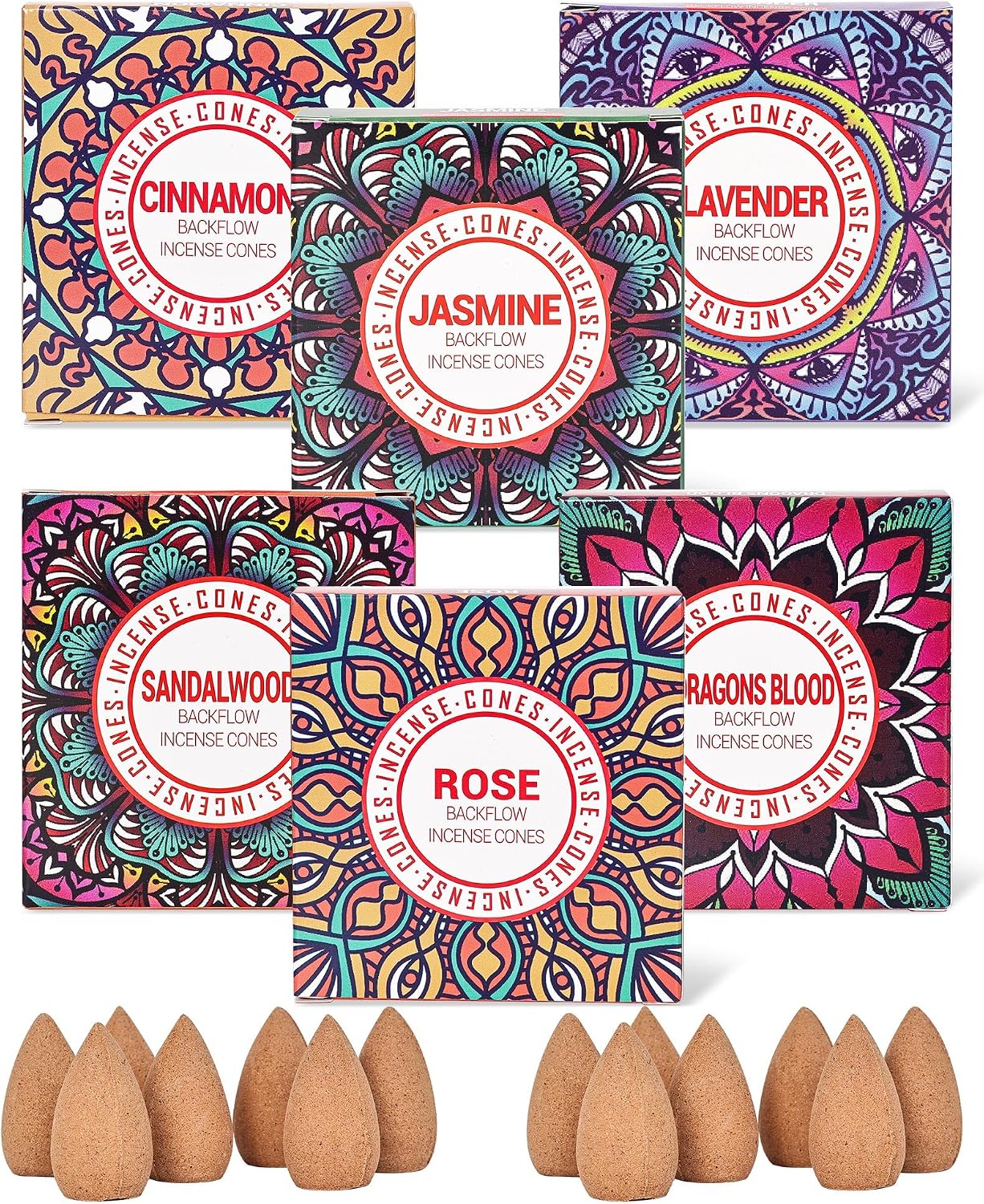 Backflow Incense Cones - Set of 6 Natural Scents - Sandalwood, Lavender, Jasmine, Cinnamon, Rose, Dragons Blood for Purification, Relaxation, Yoga, Meditation