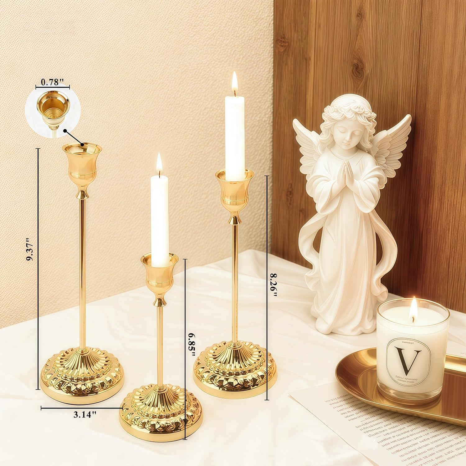 BEAHOT Gold Candle Holders, Set of 3 with Matching Candle Snuffer – Elegant Durable Non-Slip Candlestick Holders for Christmas Decorations Wedding Centerpiece, Dining Table & Home Gift Display