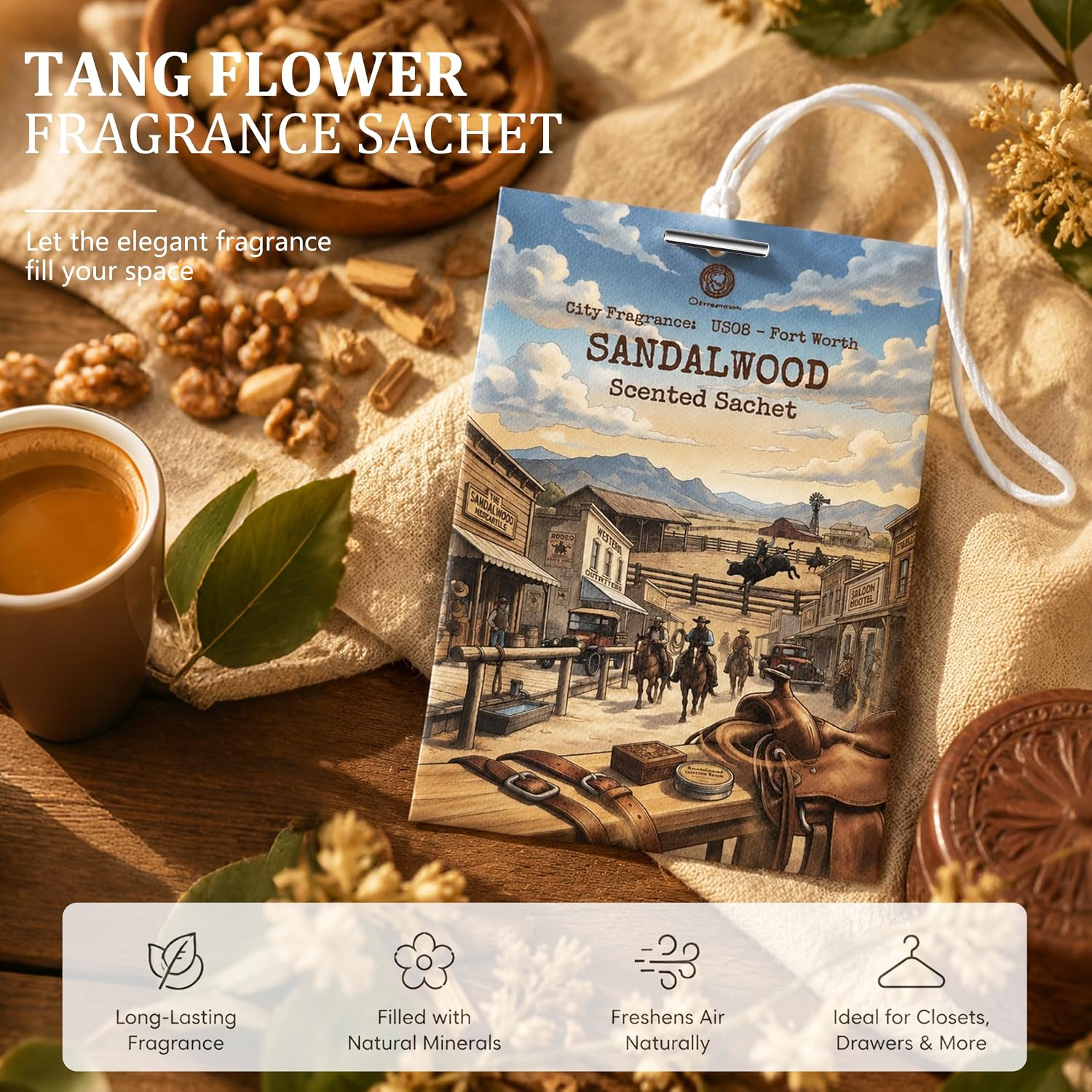 US08-Fort Worth Sandalwood Sachets for Drawers, Closets & Cars, 12 Pack | Car Air Freshener sachets with Fort Worth Sandalwood scent. Freshens closets, drawers, cars and small spaces.