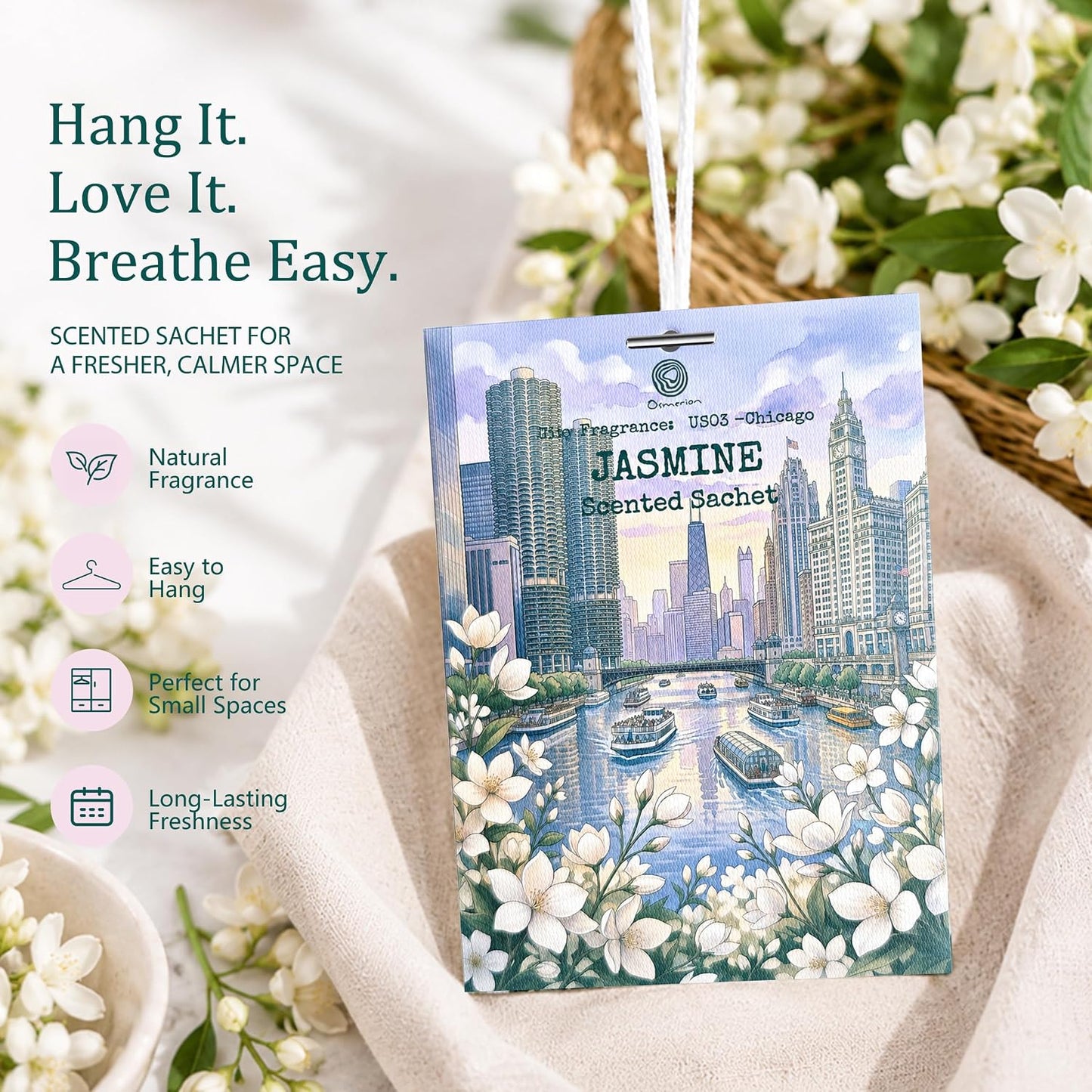 US03-Chicago Jasmine Scented Sachets for Drawers, Closets & Cars, 12 Pack | Car Air Freshener sachets with Chicago Jasmine scent. Freshens closets, drawers, cars and small spaces.