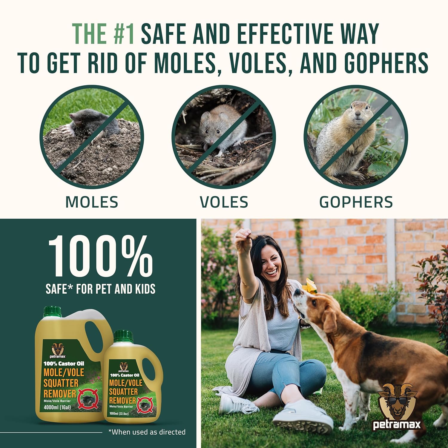 PetraMax Castor Oil Mole Repellent for Lawns - Best Anti Mole and Vole Repellent of Outdoor Space - How to Get Rid of Moles in My Yard, Garden Or Lawn, Safe and Effective Vole Deterrent (33.8 fl oz)