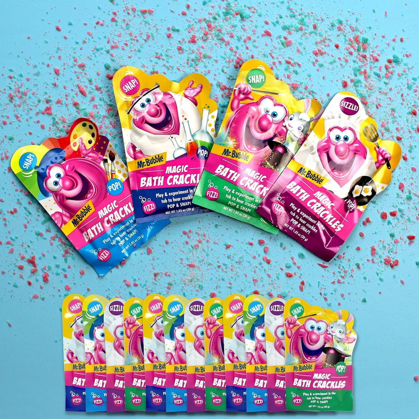 Mr. Bubble Magic Bath Crackles, Fun to add to Bubble Bath to Make Bath Time Exciting for Kids with Colorful Pops and Fizzy Snaps, 1 oz Packet, Pack of 12