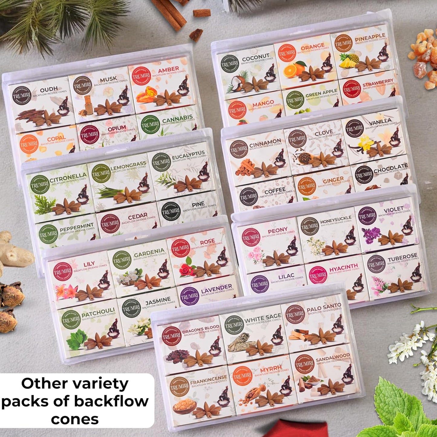 Fruity - Backflow Incense Cones for Waterfall - Scented Inscents-Cones - Pineapple, Strawberry, Coconut, Mango, Apple, Orange - Insiensos Aromaticos - 6x10=60 Large Variety Pack