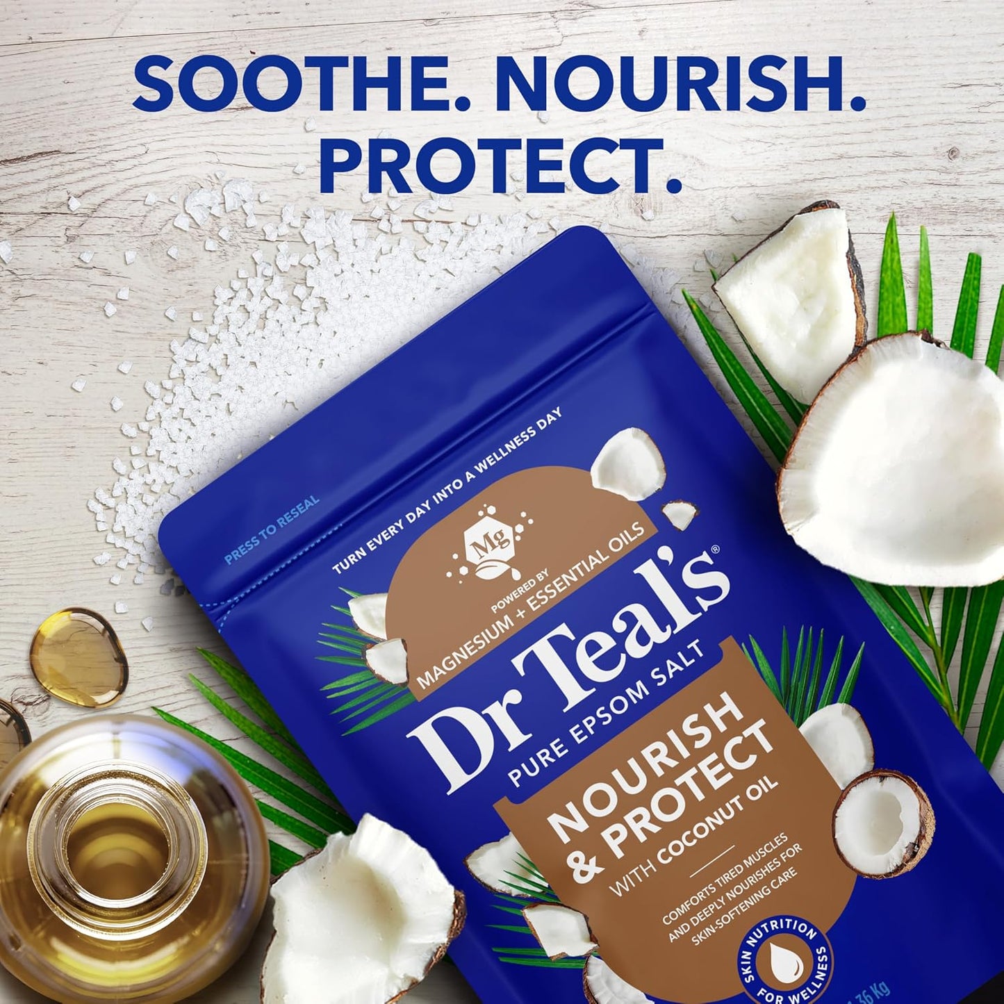 Dr Teal's Epsom Salt Magnesium Soak, Nourish & Protect with Coconut Oil, 3 lbs (Pack of 4)