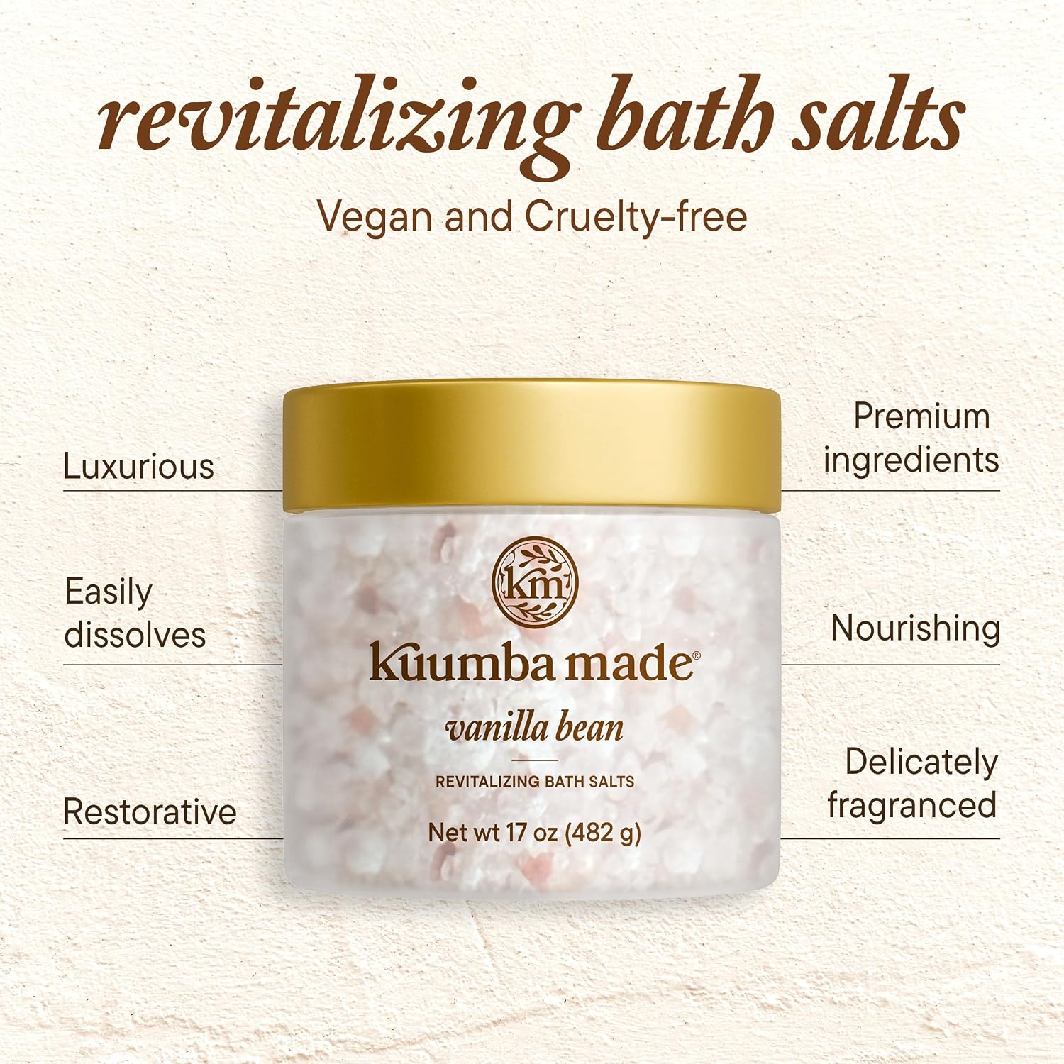 Kuumba Made Vanilla Bean Bath Salt, Mineral-Rich Soaking Salts for Soft Skin and Relaxation, 17 Oz