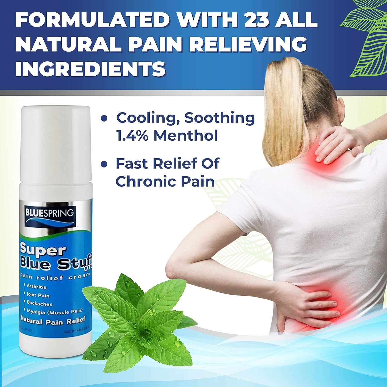 Super Blue Stuff Natural Pain Relief Roll-On with Emu Oil, 3 fl oz | Anti Inflammatory Analgesic Cream, For Back, Knee, Joint, Muscle, Arthritis, Neck Pain