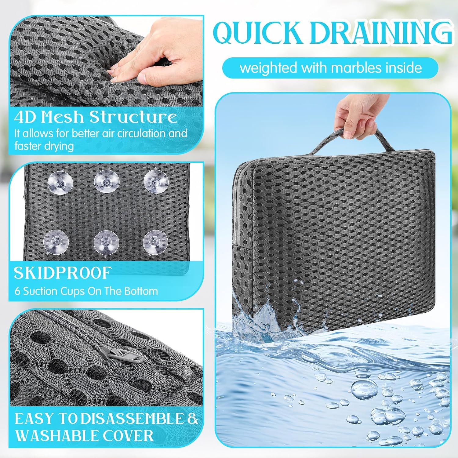 Novabright Bath Pillow and Mat Set for Head and Neck Nonslip Bathtub Pillow 4d Thick Tub Seat Mat with 6 Suction Cups Portable Seat Cushion Tub Accessories for Indoor Outdoor
