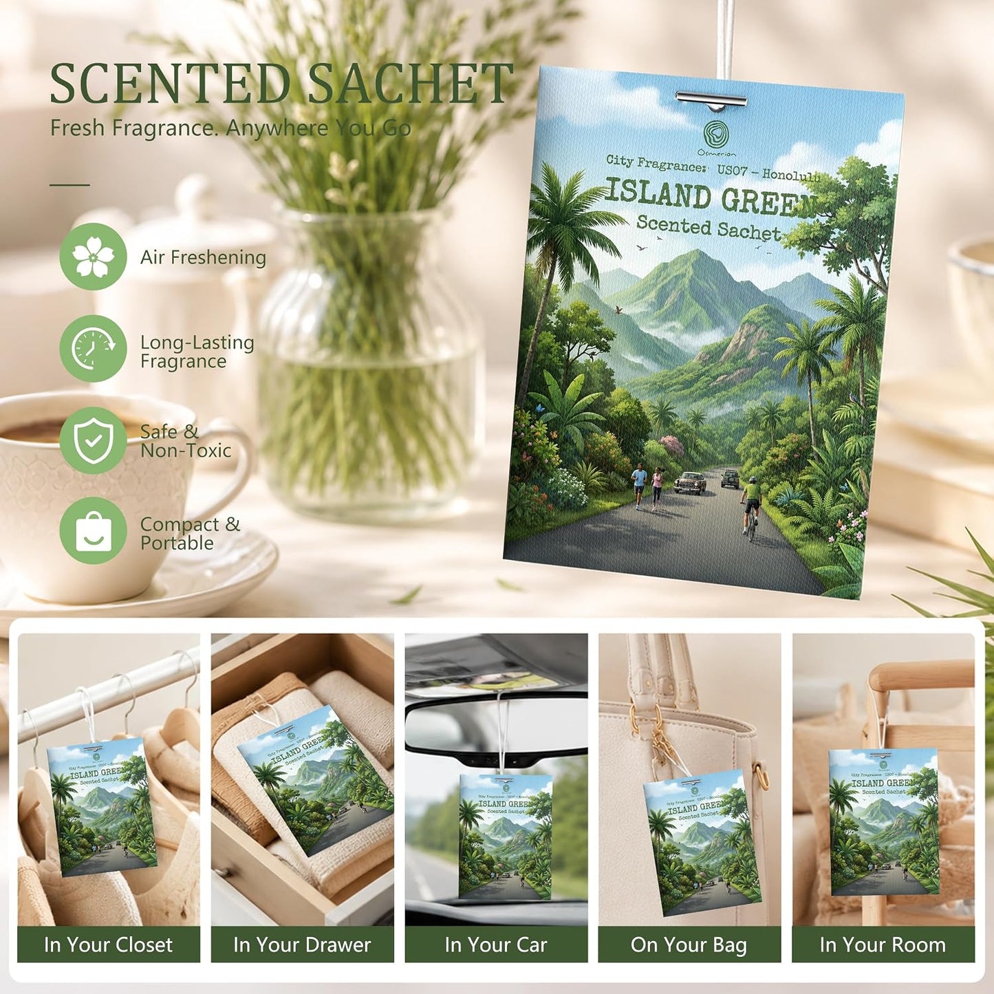 US07-Honolulu Island Green Scented Sachets for Drawers and Closets, Car Air Freshener Bags, Island Green Closet Freshener and Odor Eliminator for Wardrobe, Dresser, Car 12 Pack