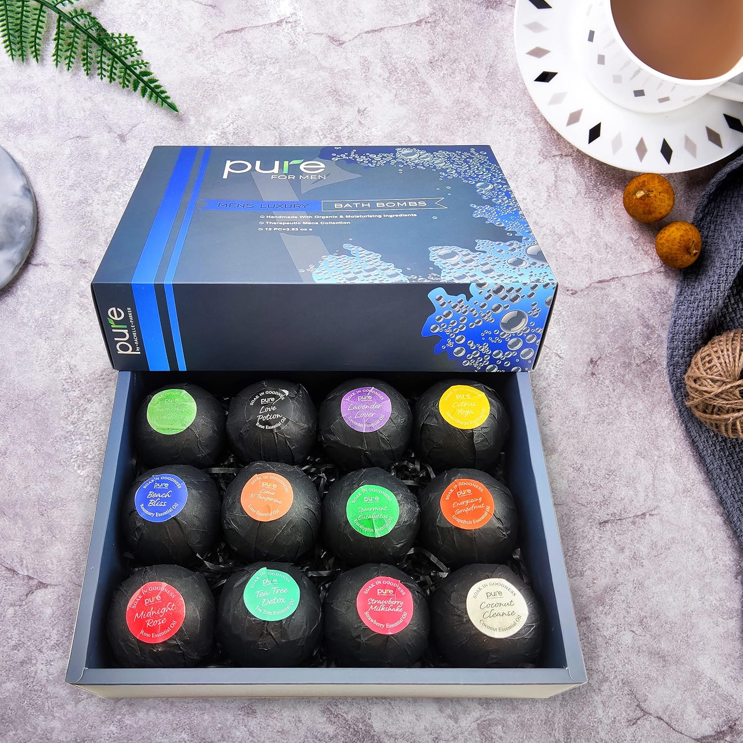 Pure Bath Bomb Gift Set for Men, 12 XL Organic Bath Bombs for Men Relaxing Bath Spa Gift Idea for Dad, Husband, Boyfriend, for Special Occasions, Birthdays, Holidays!