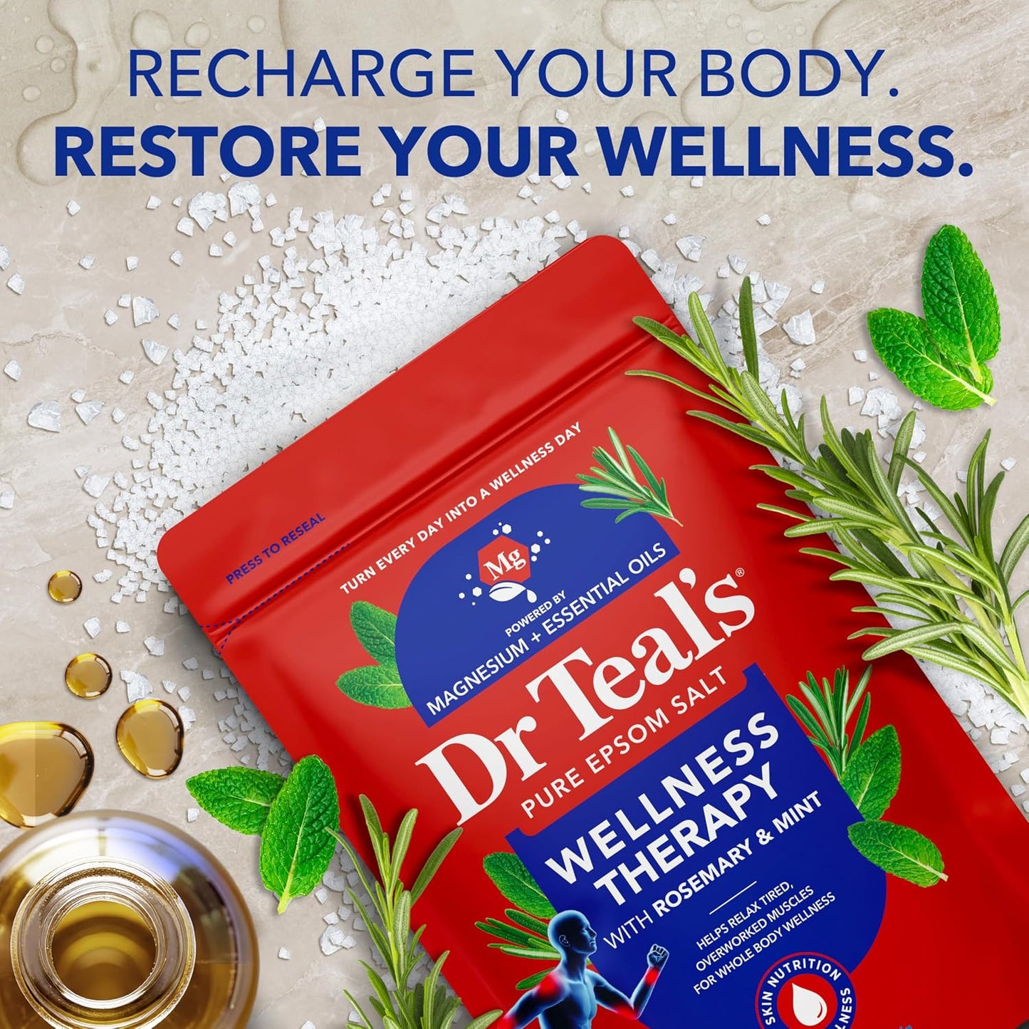 Dr Teal's Epsom Salt Magnesium Soak, Wellness Therapy with Rosemary & Mint, 3 lbs